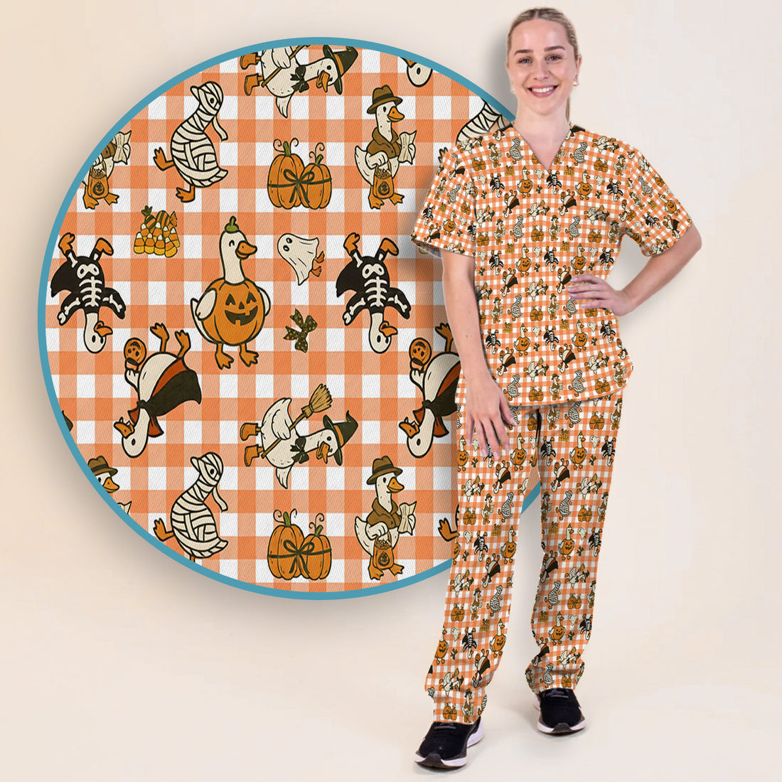 Halloween Goose with Pumpkin Witch Print Scrub Set, Scrub Pants and V Neck Top