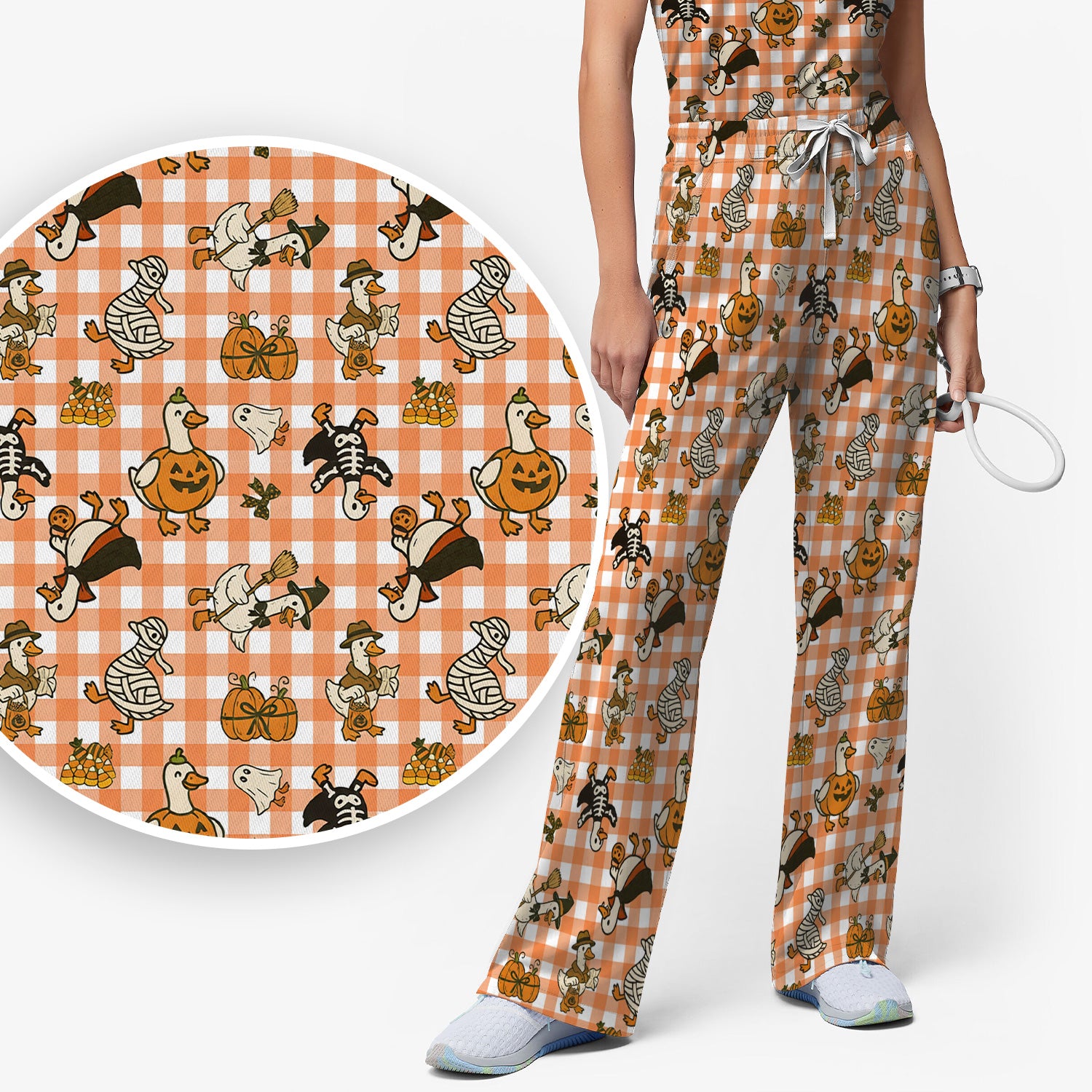 Halloween Goose with Pumpkin Witch Print Scrub Set, Scrub Pants and V Neck Top