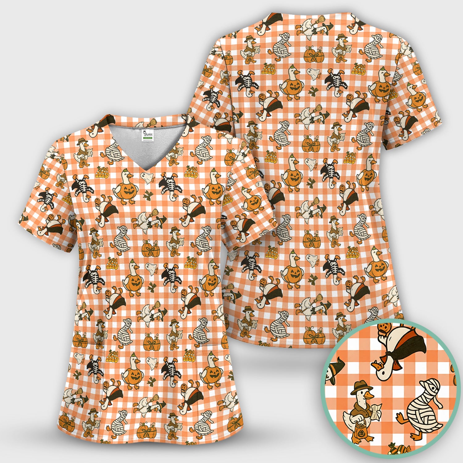 Halloween Goose with Pumpkin Witch Print Scrub Top, Comfortable Scrubs for Nurses