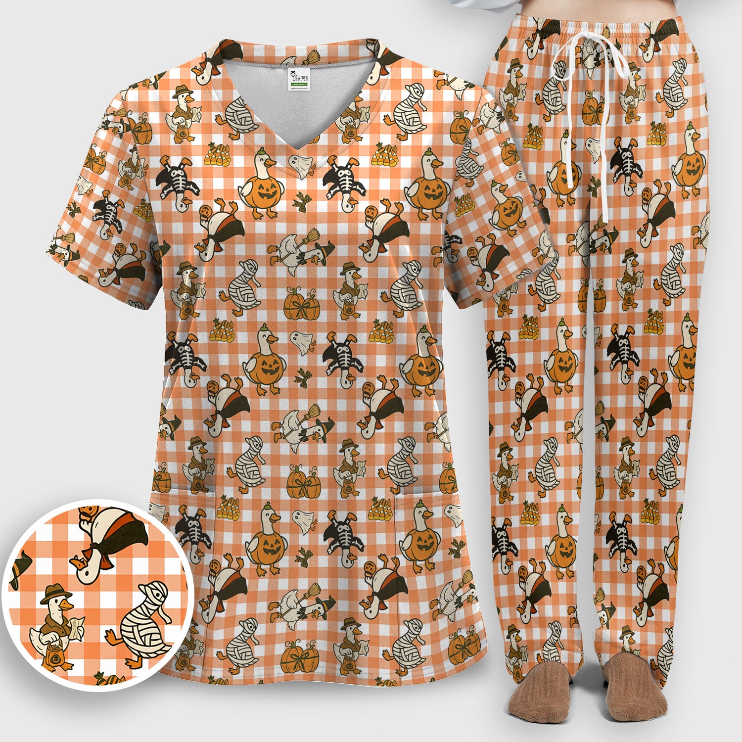 Halloween Goose with Pumpkin Witch Print Scrub Set, Scrub Pants and V Neck Top