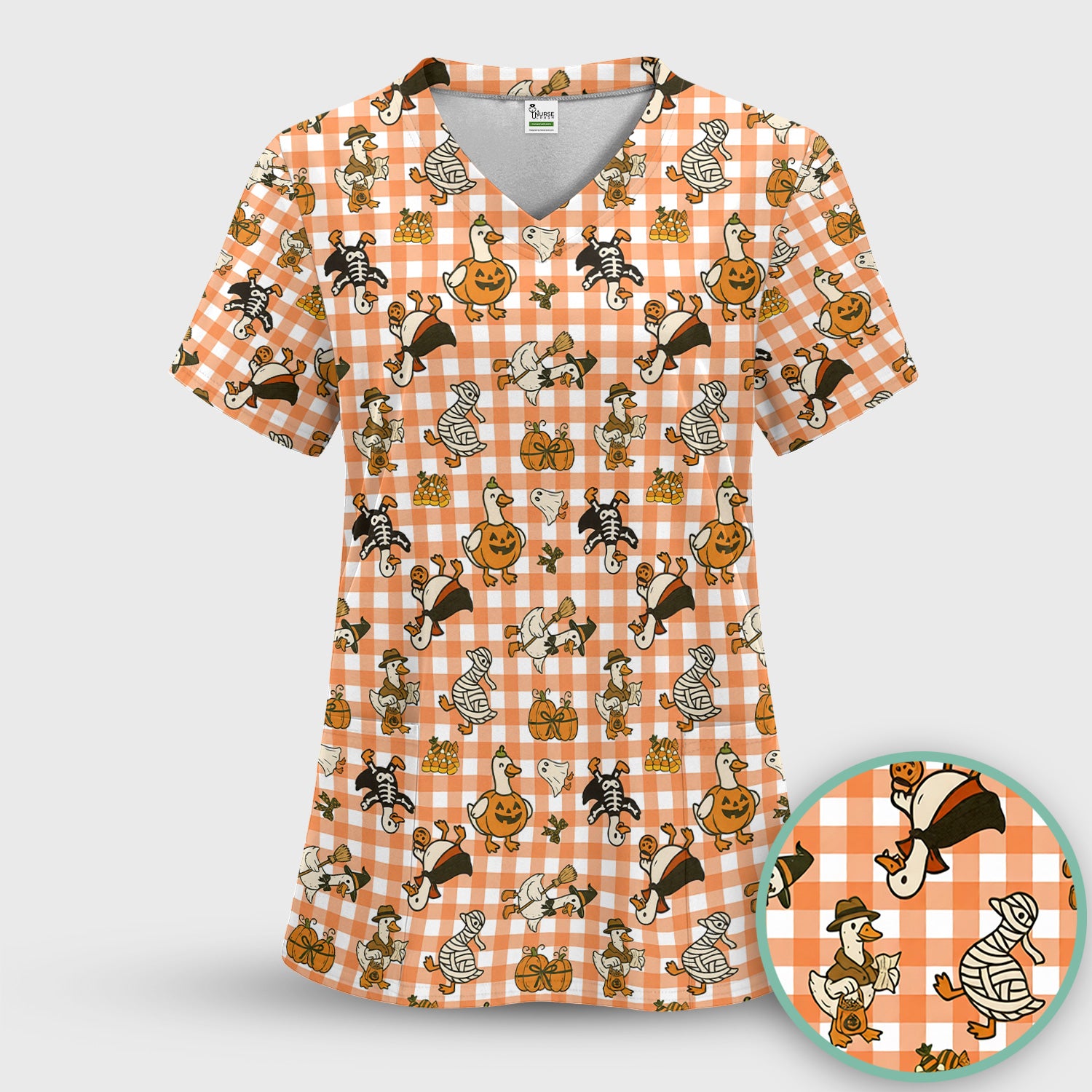 Halloween Goose with Pumpkin Witch Print Scrub Top, Comfortable Scrubs for Nurses