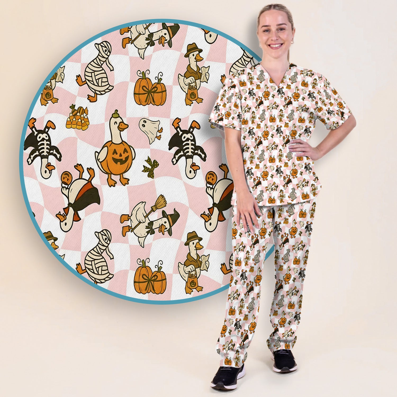 Halloween Goose with Pumpkin Witch Print Scrub Set, Scrub Pants and V Neck Top