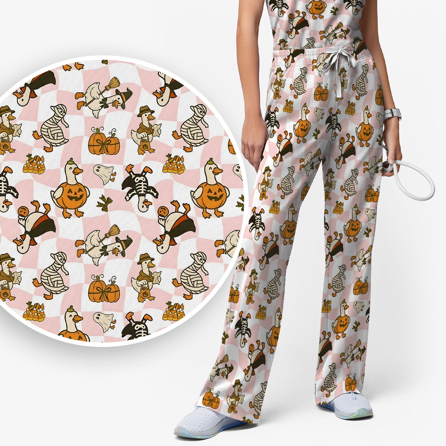 Halloween Goose with Pumpkin Witch Print Scrub Set, Scrub Pants and V Neck Top