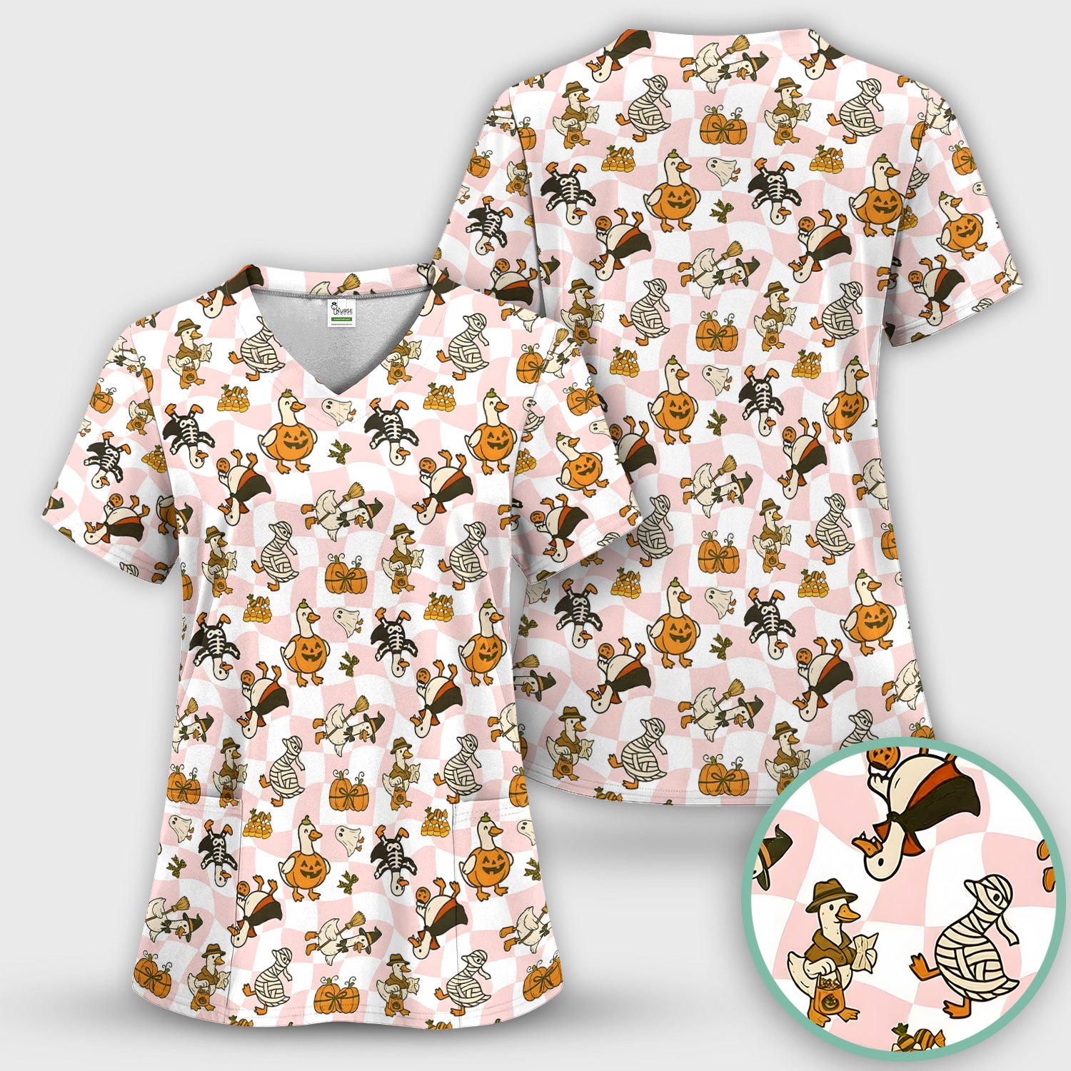 Halloween Goose with Pumpkin Witch Print Scrub Top, Comfortable Scrubs for Nurses