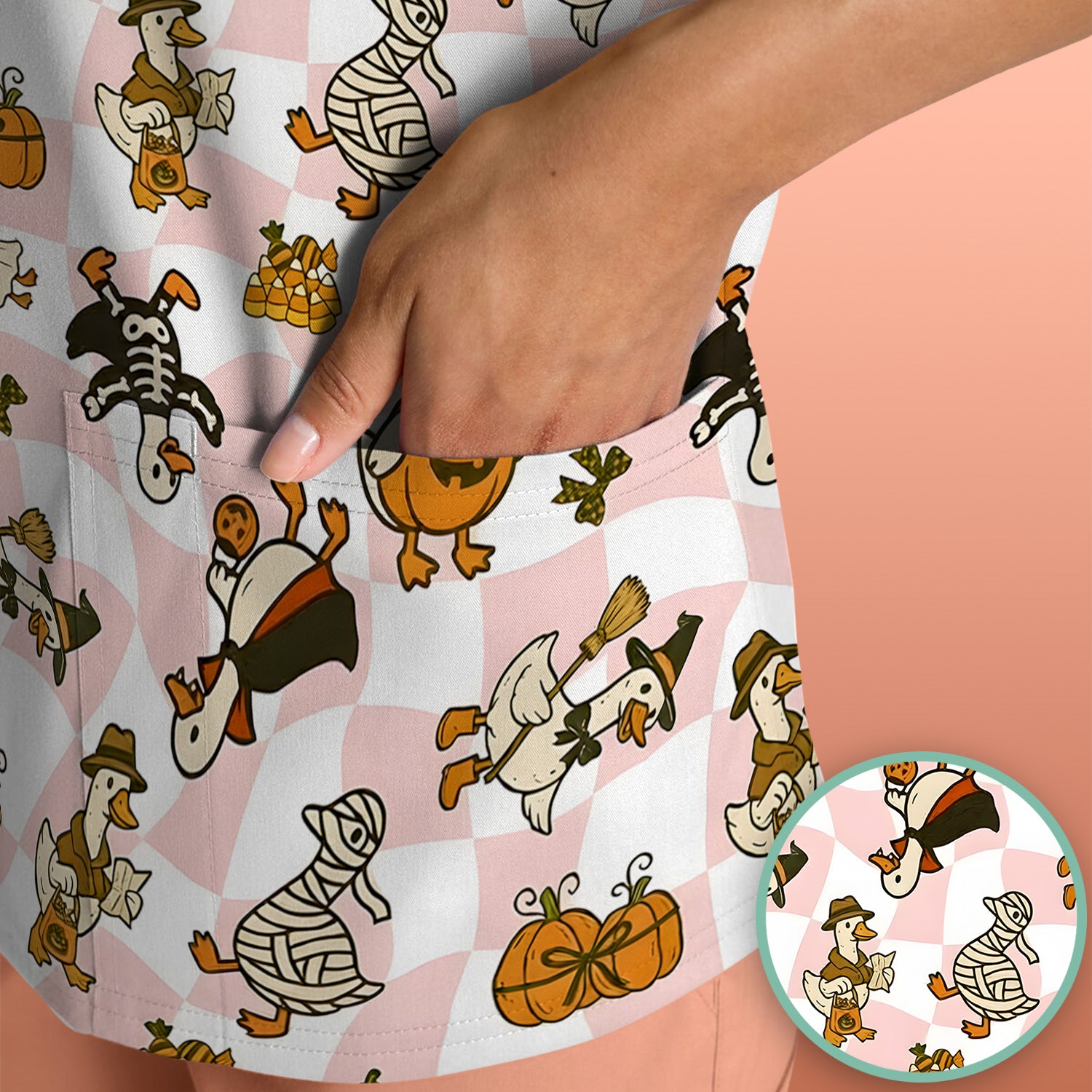Halloween Goose with Pumpkin Witch Print Scrub Top, Comfortable Scrubs for Nurses