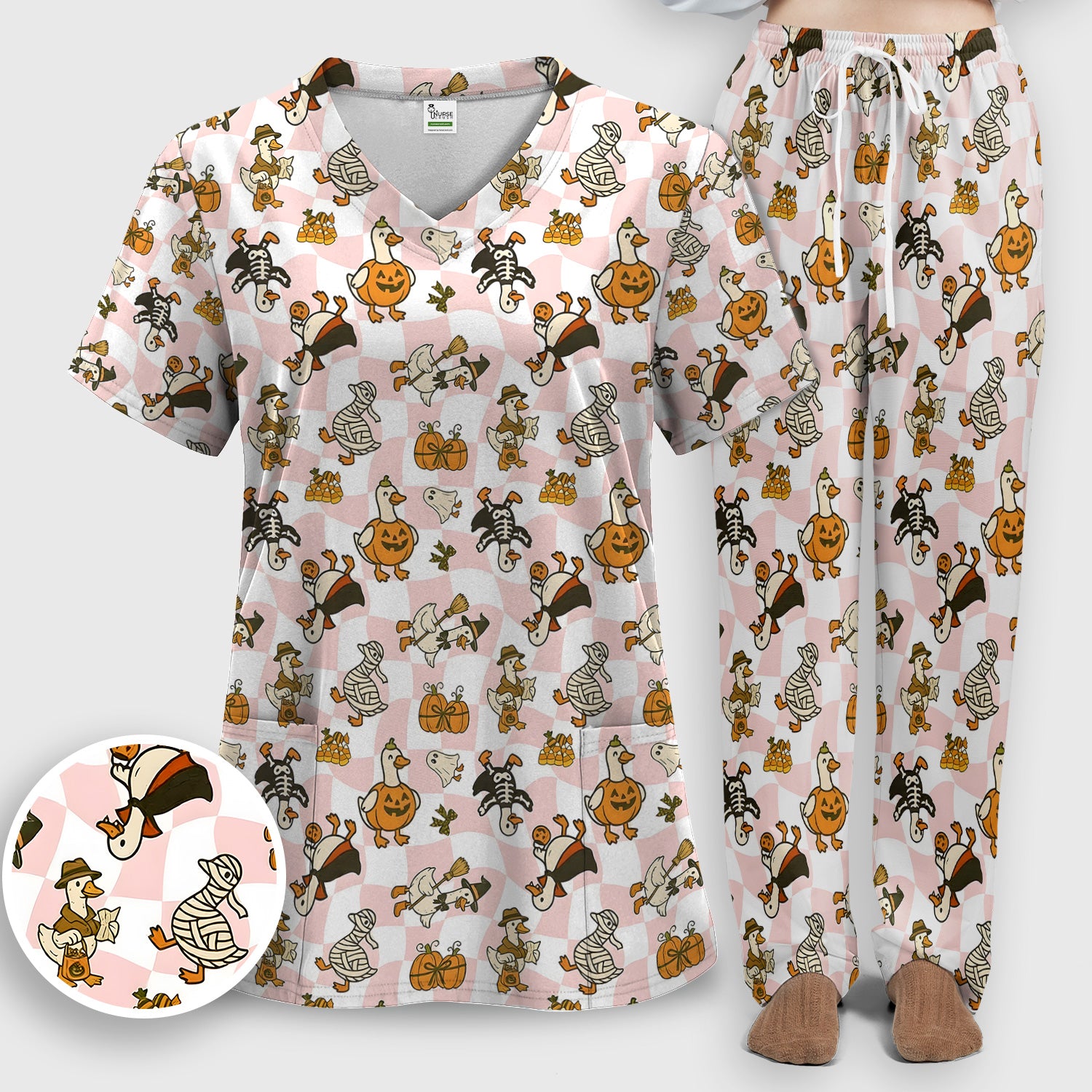 Halloween Goose with Pumpkin Witch Print Scrub Set, Scrub Pants and V Neck Top