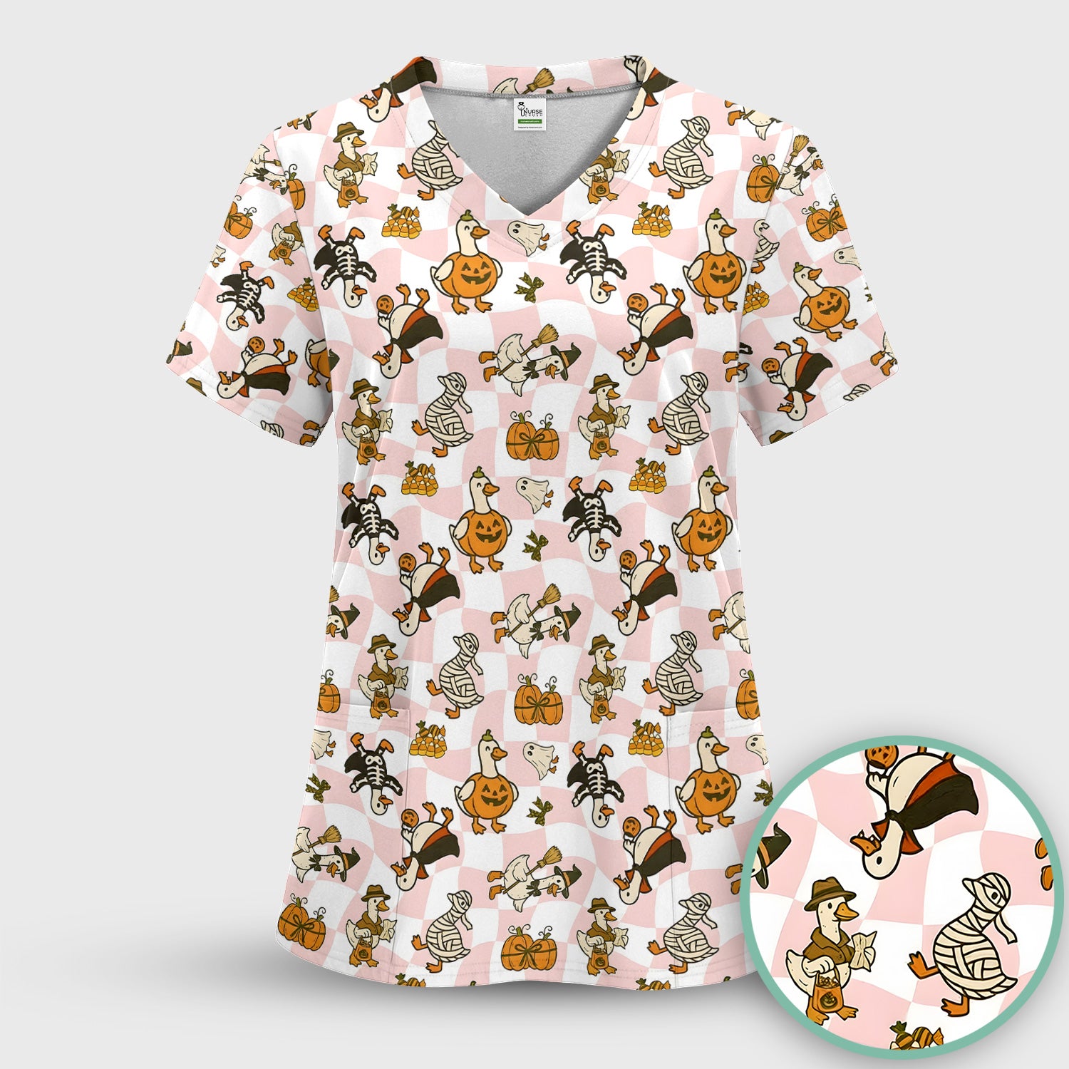Halloween Goose with Pumpkin Witch Print Scrub Top, Comfortable Scrubs for Nurses