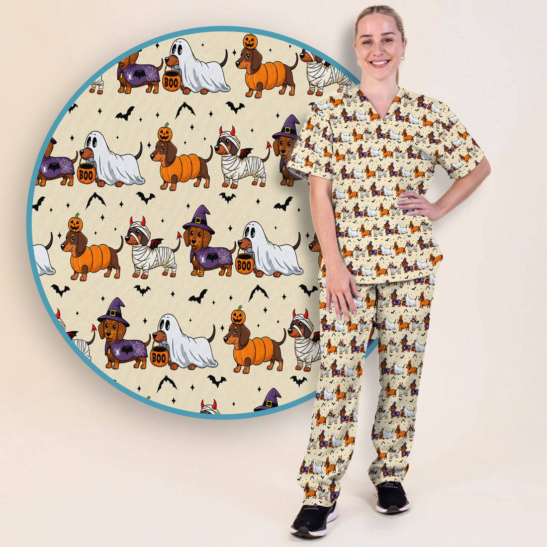 Halloween Dachshund for Veterinary Staff Scrub Set, Scrub Pants and V Neck Top
