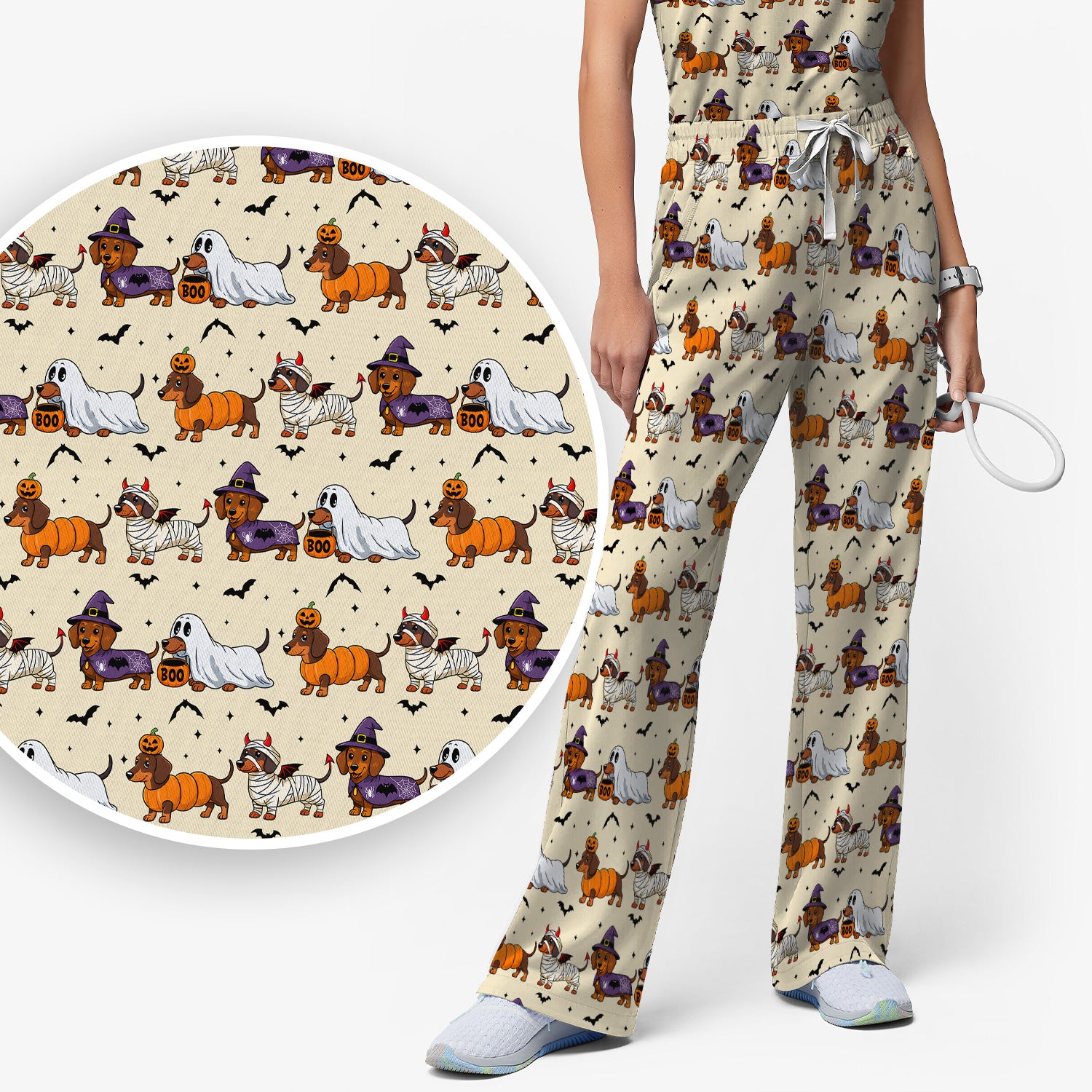 Halloween Dachshund for Veterinary Staff Scrub Set, Scrub Pants and V Neck Top