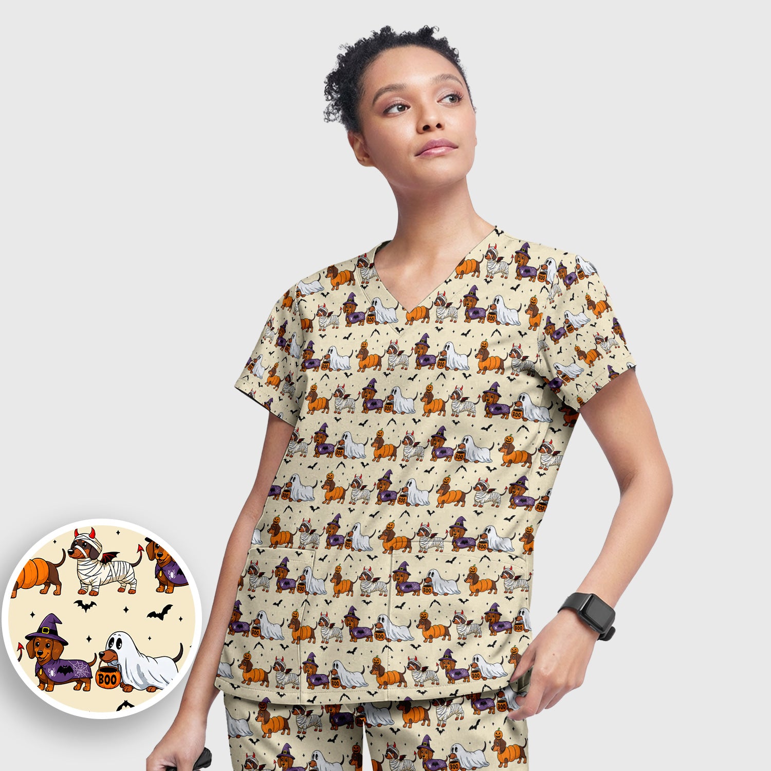 Halloween Dachshund for Veterinary Staff Scrub Set, Scrub Pants and V Neck Top
