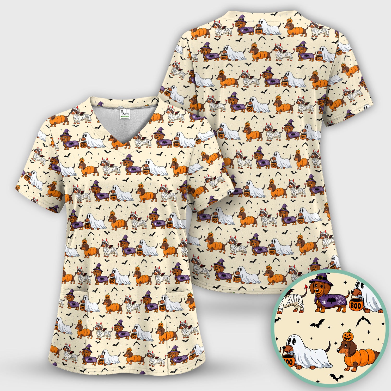 Halloween Dachshund for Veterinary Staff Scrub Top, Comfortable Scrubs for Nurses