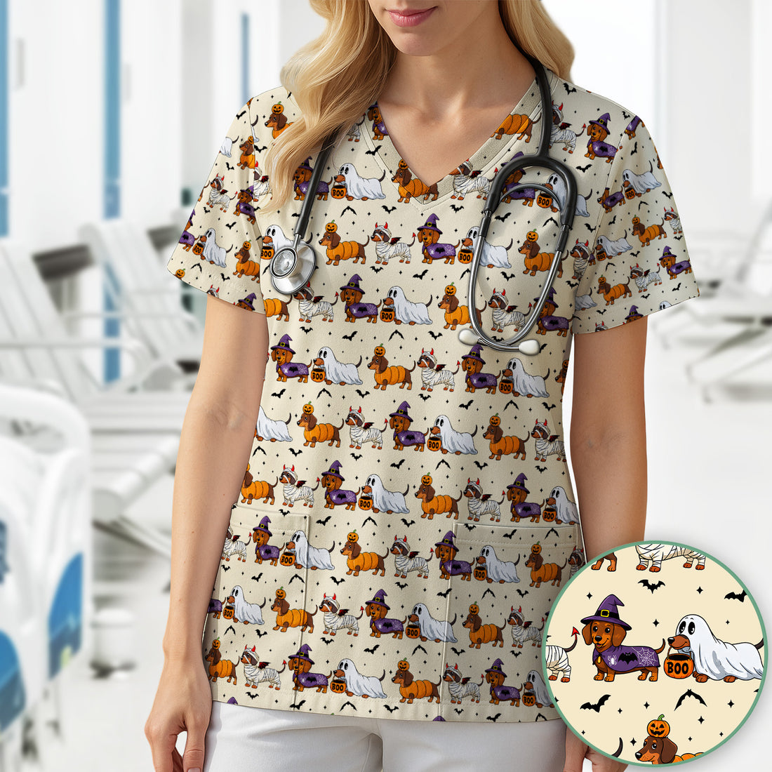 Halloween Dachshund for Veterinary Staff Scrub Top, Comfortable Scrubs for Nurses