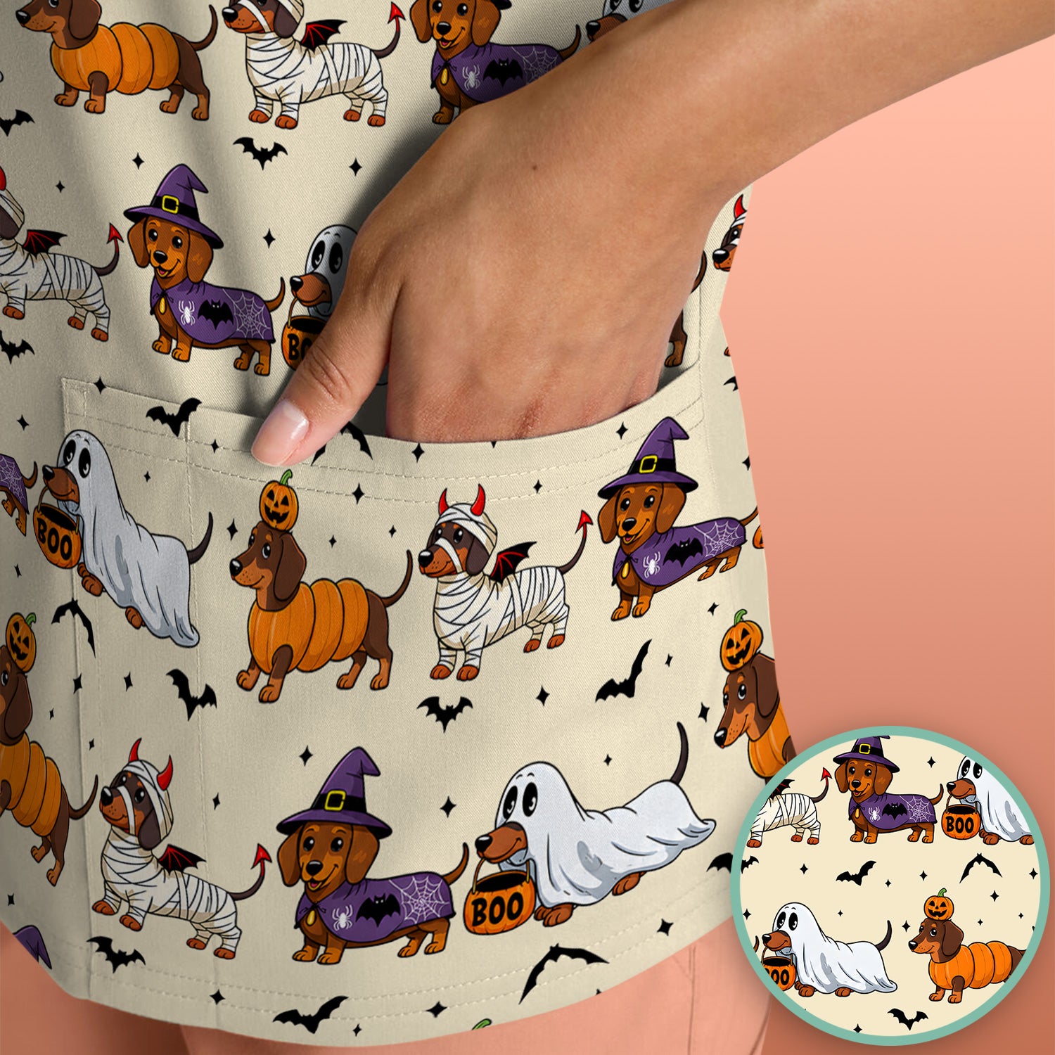 Halloween Dachshund for Veterinary Staff Scrub Top, Comfortable Scrubs for Nurses