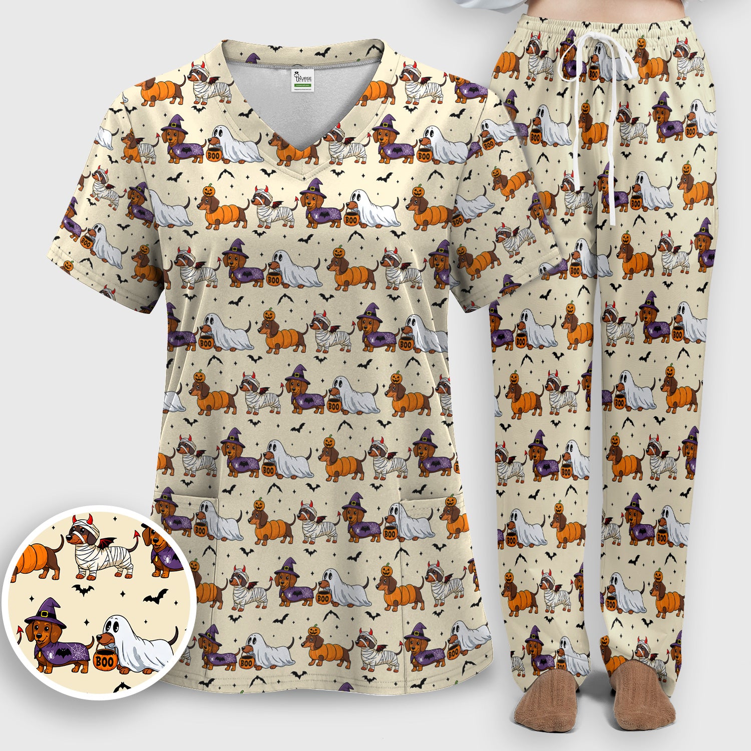 Halloween Dachshund for Veterinary Staff Scrub Set, Scrub Pants and V Neck Top