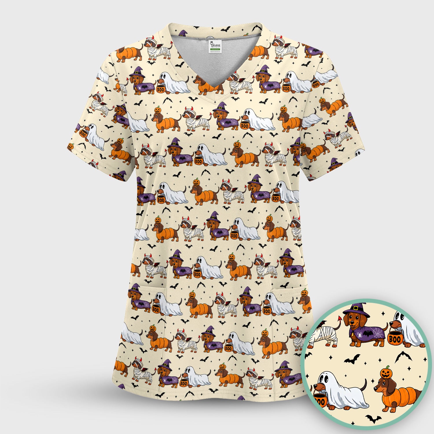 Halloween Dachshund for Veterinary Staff Scrub Top, Comfortable Scrubs for Nurses