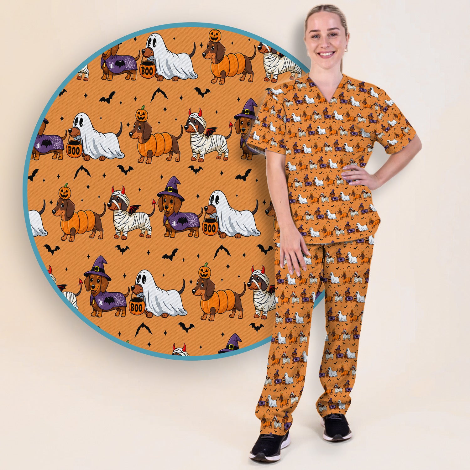 Halloween Dachshund for Veterinary Staff Scrub Set, Scrub Pants and V Neck Top