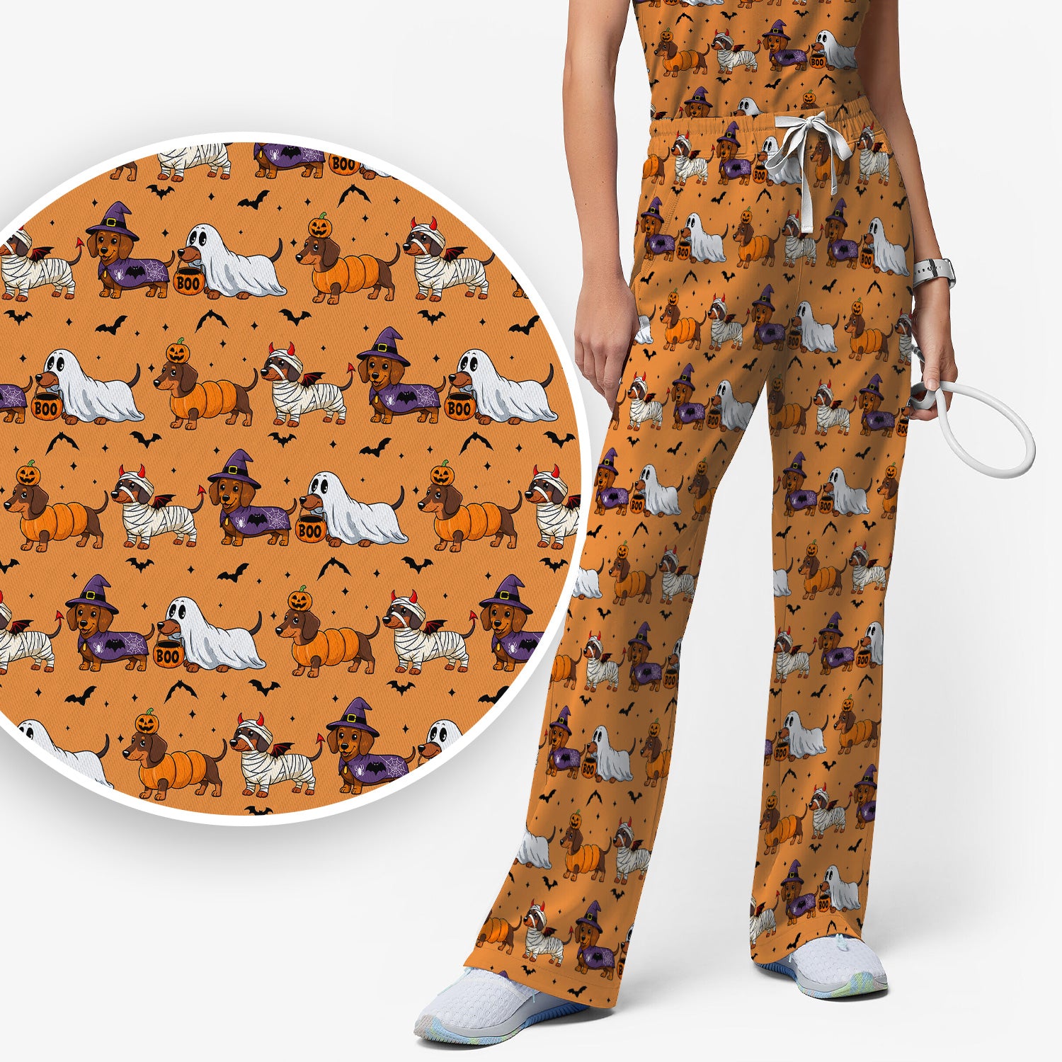 Halloween Dachshund for Veterinary Staff Scrub Set, Scrub Pants and V Neck Top
