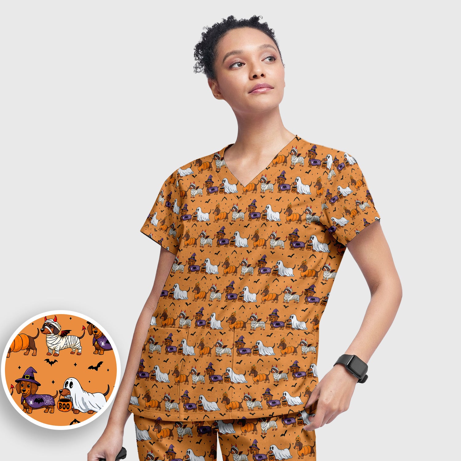 Halloween Dachshund for Veterinary Staff Scrub Set, Scrub Pants and V Neck Top