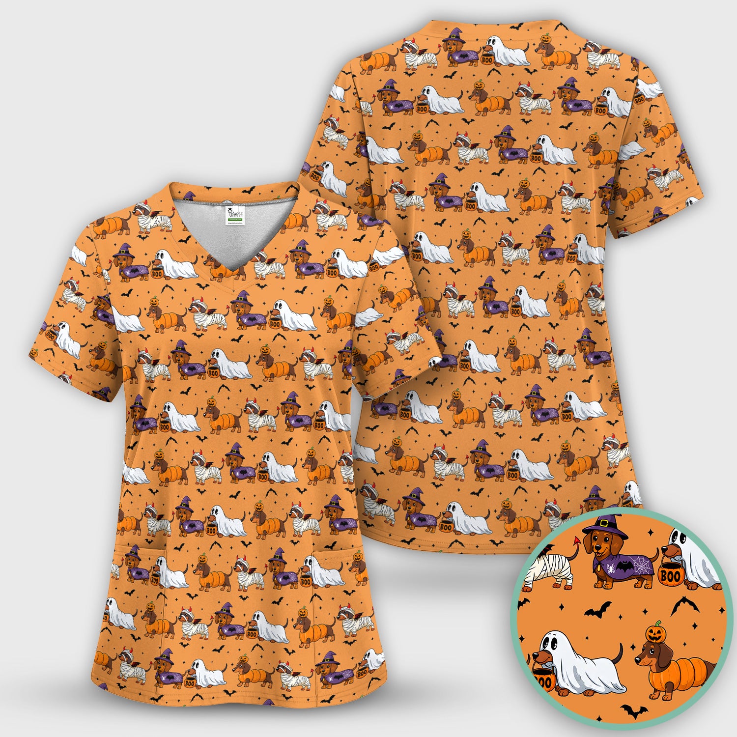 Halloween Dachshund for Veterinary Staff Scrub Top, Comfortable Scrubs for Nurses