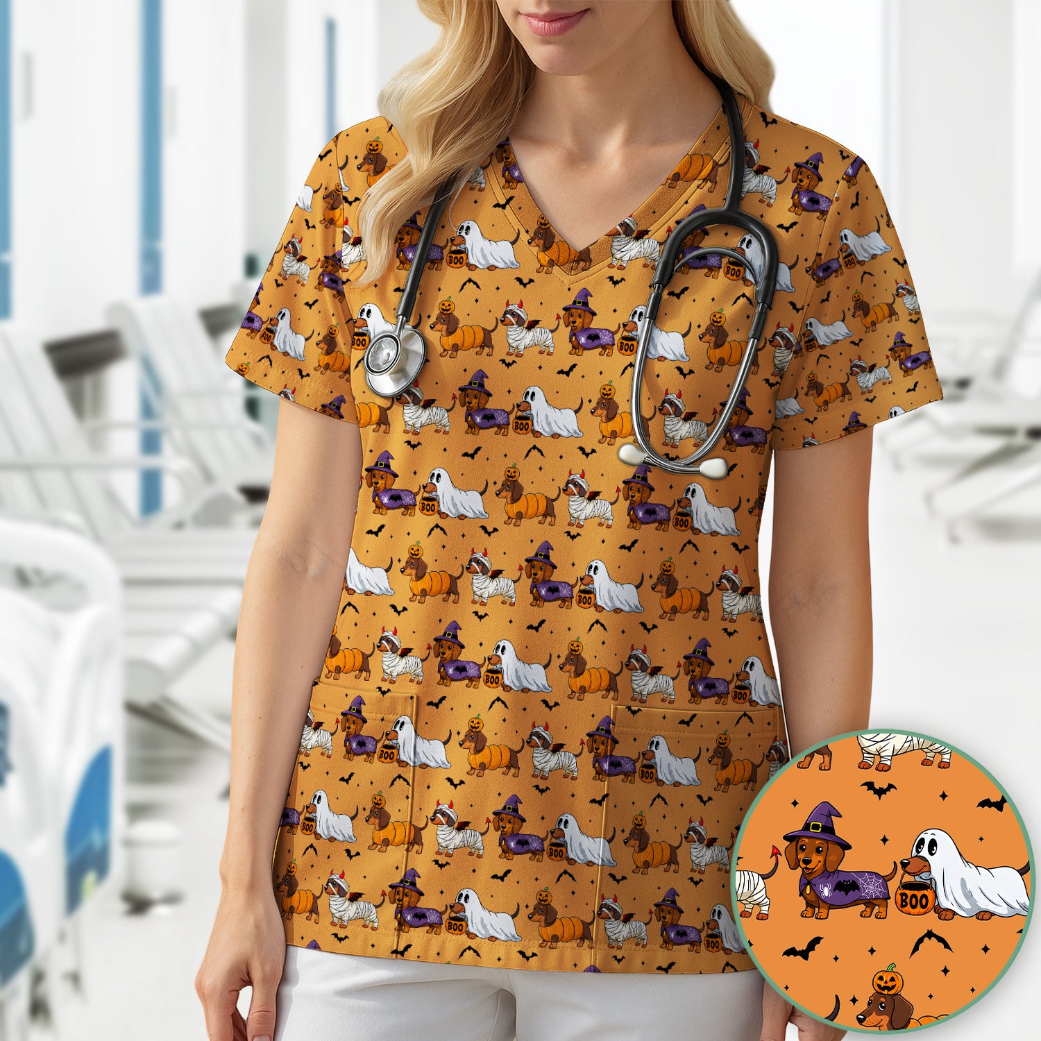 Halloween Dachshund for Veterinary Staff Scrub Top, Comfortable Scrubs for Nurses
