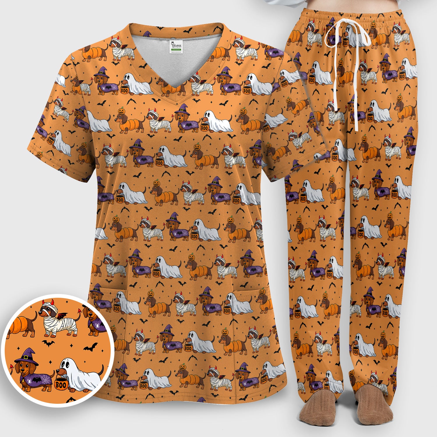 Halloween Dachshund for Veterinary Staff Scrub Set, Scrub Pants and V Neck Top