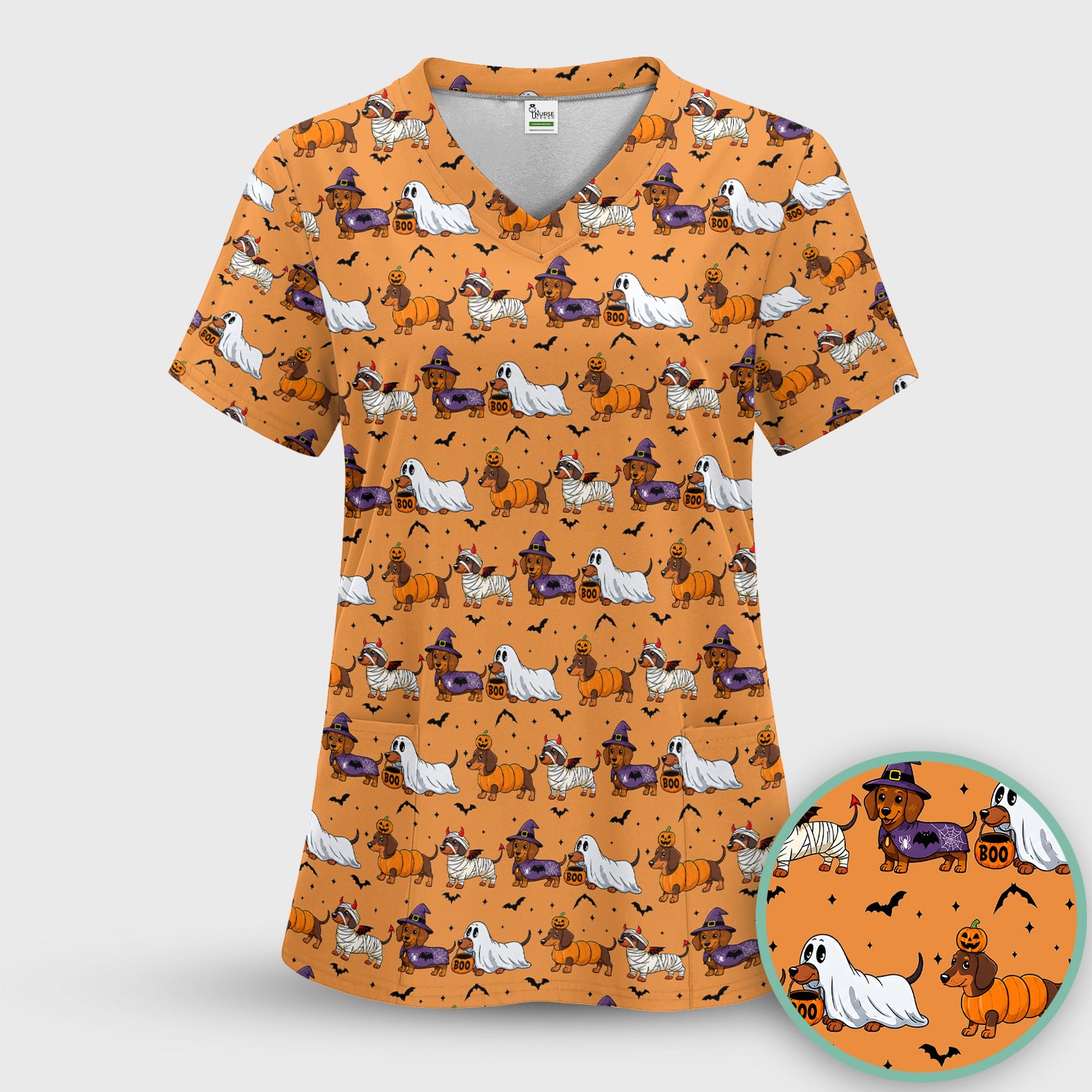 Halloween Dachshund for Veterinary Staff Scrub Top, Comfortable Scrubs for Nurses