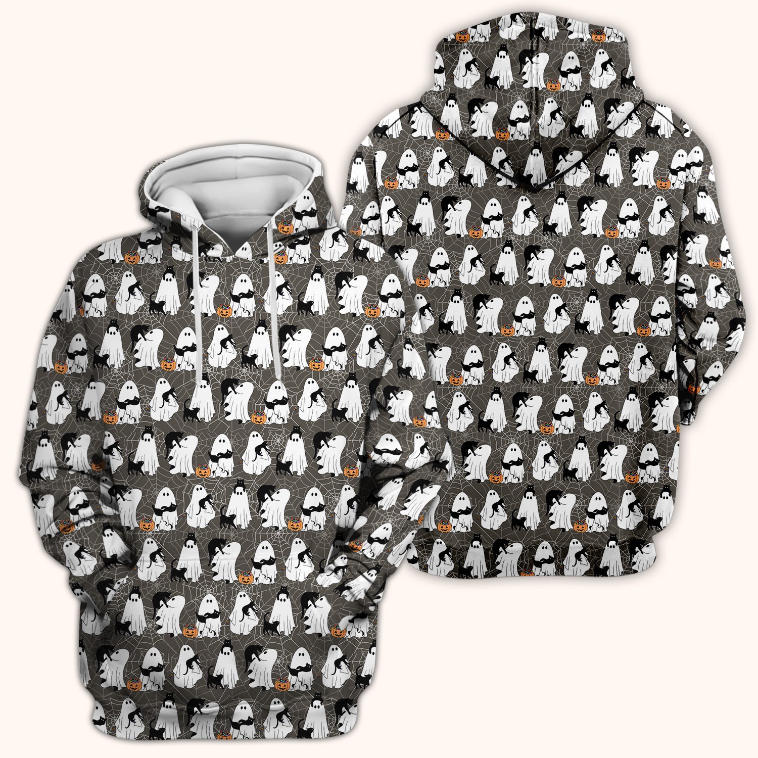 Black Cat and Ghost Print Scrub Top, Comfortable Scrubs for Nurses