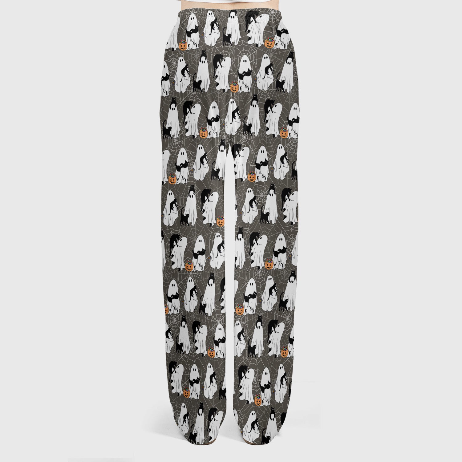 Black Cat and Ghost Print Scrub Set, Scrub Pants and V Neck Top
