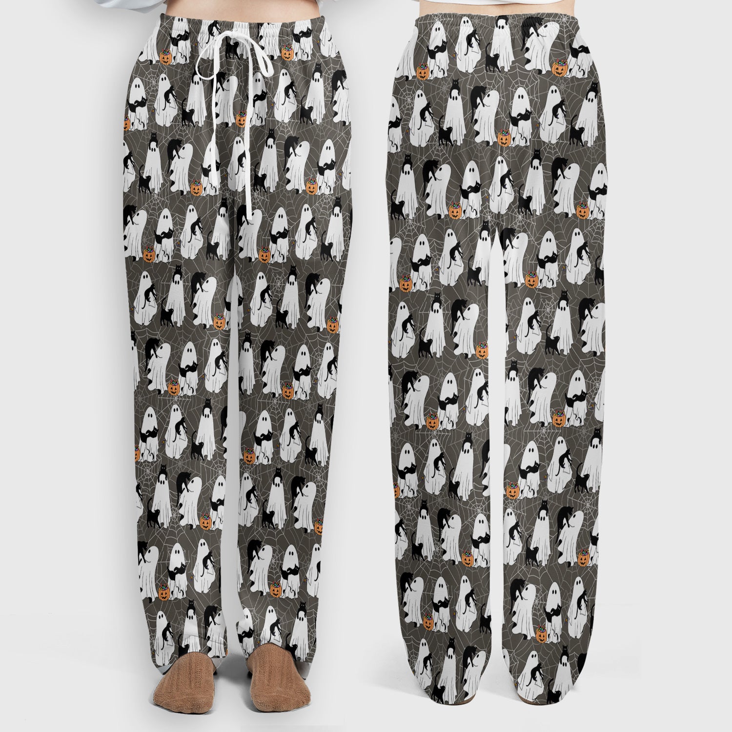 Black Cat and Ghost Print Scrub Set, Scrub Pants and V Neck Top