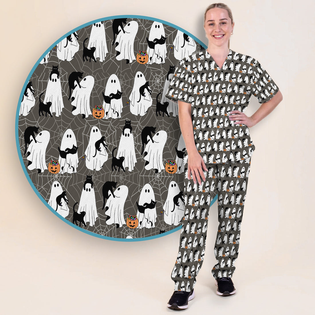 Black Cat and Ghost Print Scrub Set, Scrub Pants and V Neck Top