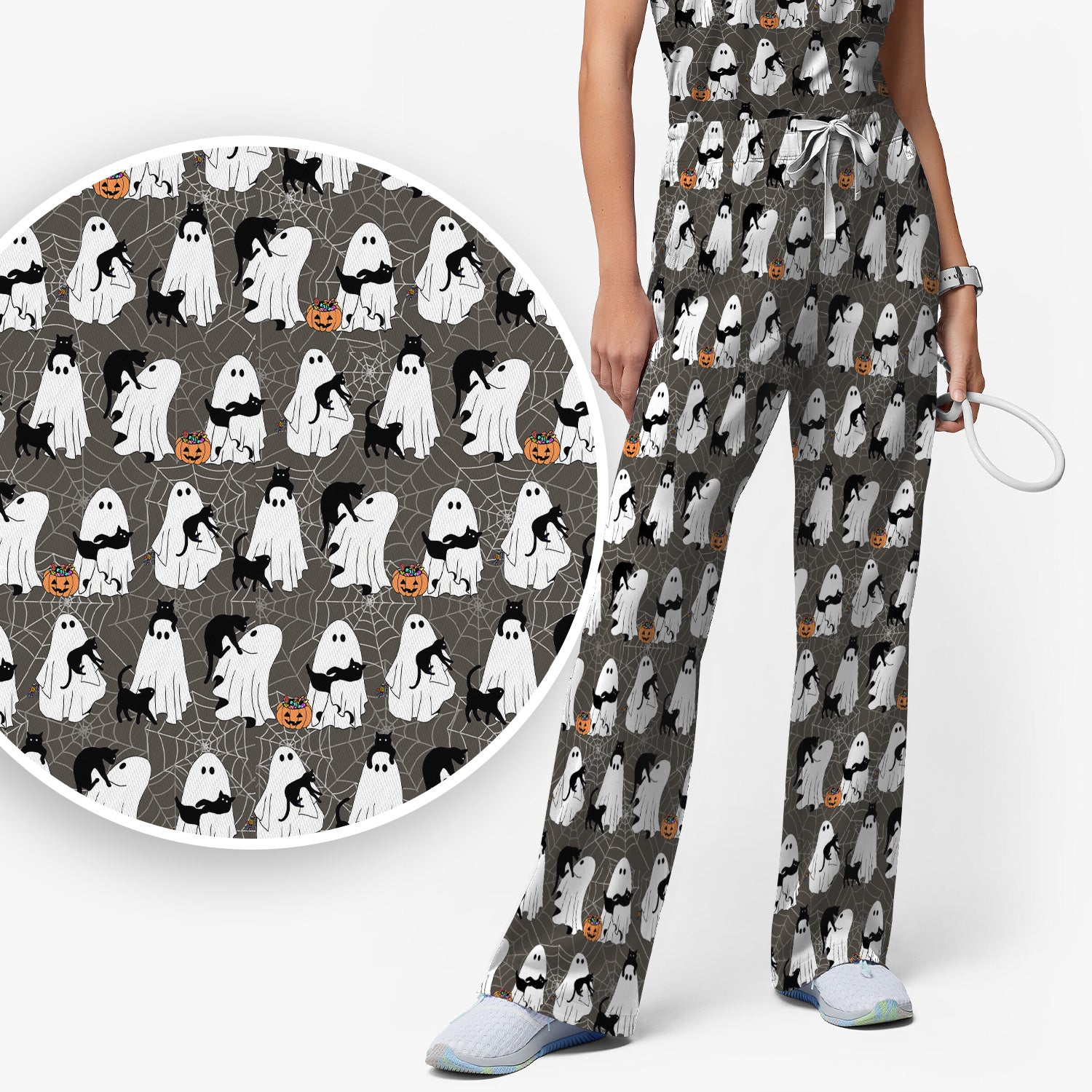 Black Cat and Ghost Print Scrub Set, Scrub Pants and V Neck Top