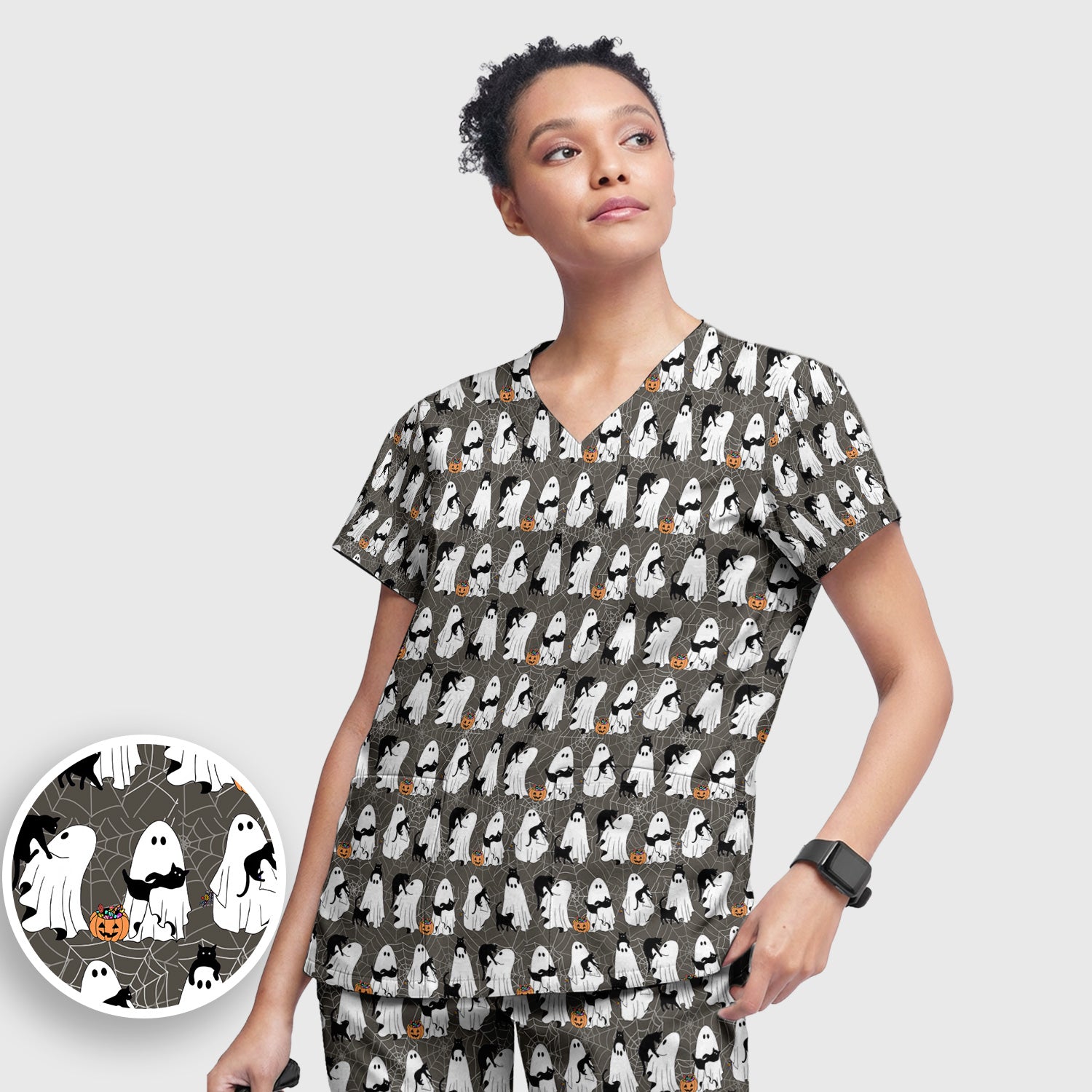 Black Cat and Ghost Print Scrub Set, Scrub Pants and V Neck Top