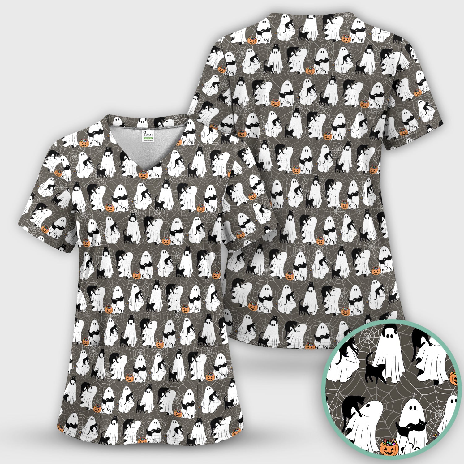 Black Cat and Ghost Print Scrub Top, Comfortable Scrubs for Nurses
