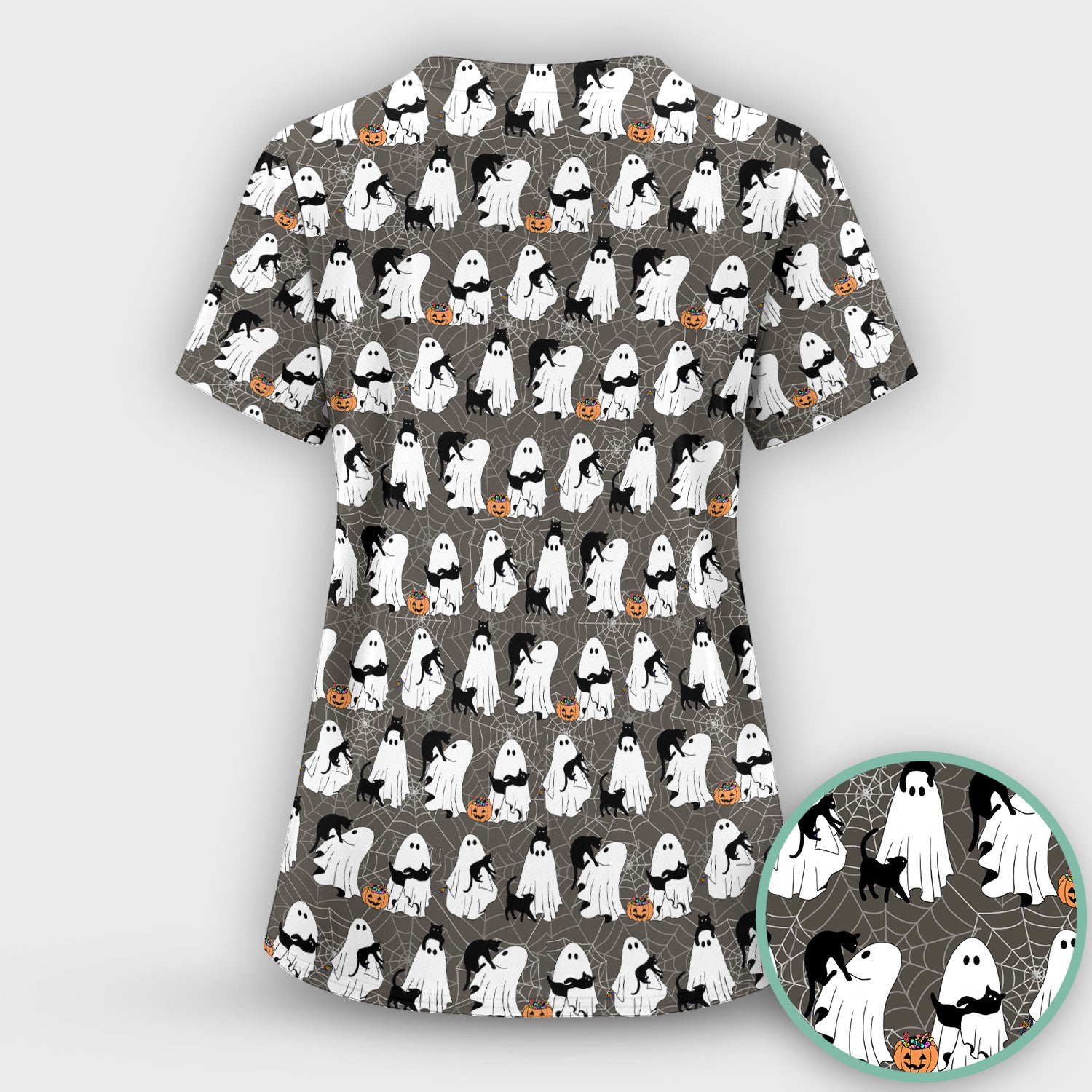 Black Cat and Ghost Print Scrub Top, Comfortable Scrubs for Nurses