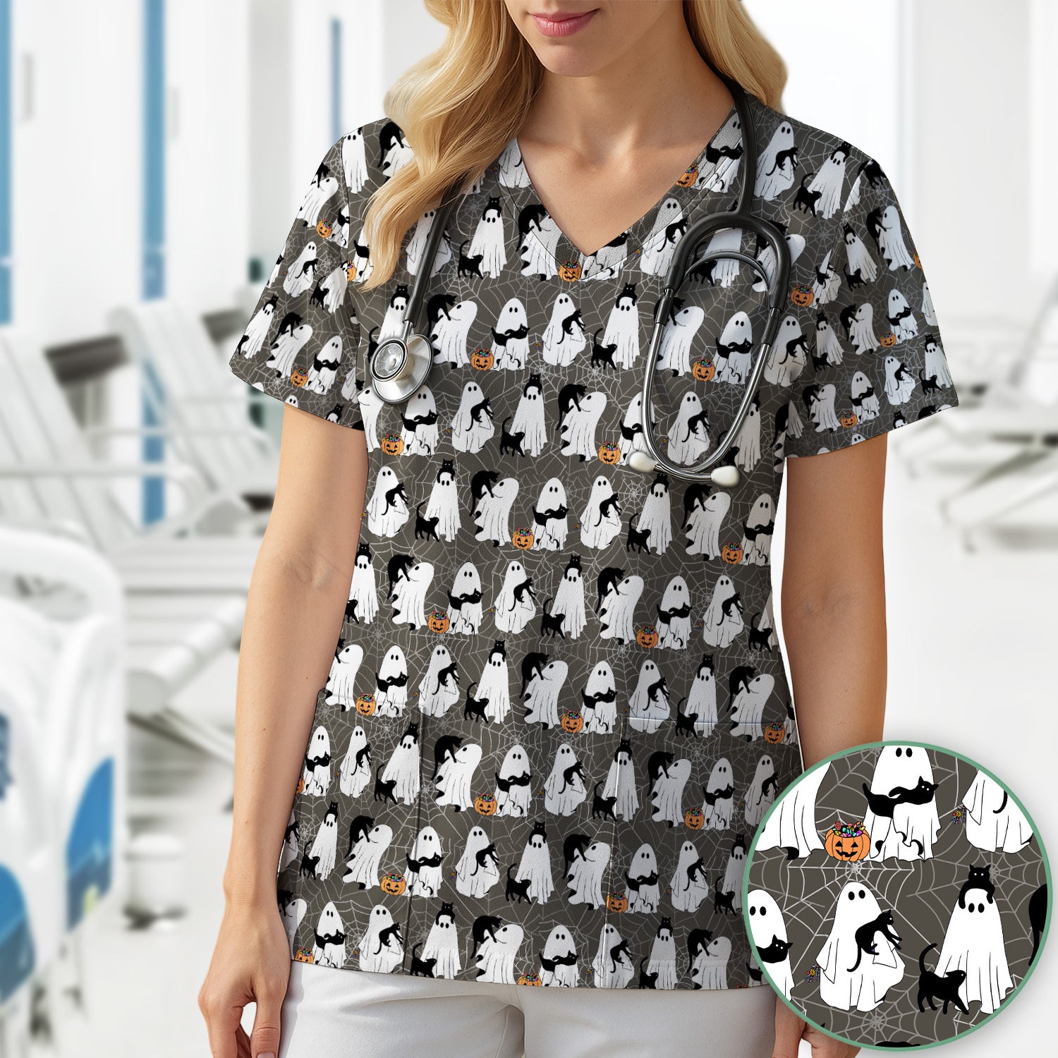Black Cat and Ghost Print Scrub Top, Comfortable Scrubs for Nurses