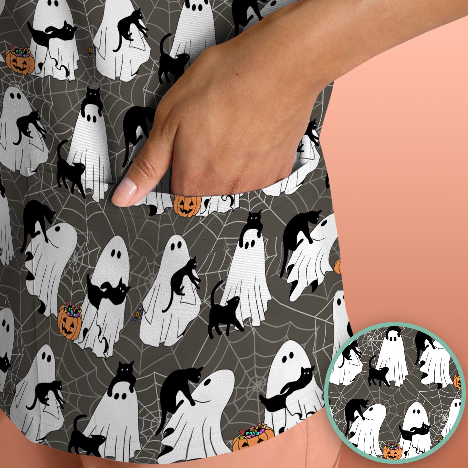 Black Cat and Ghost Print Scrub Top, Comfortable Scrubs for Nurses