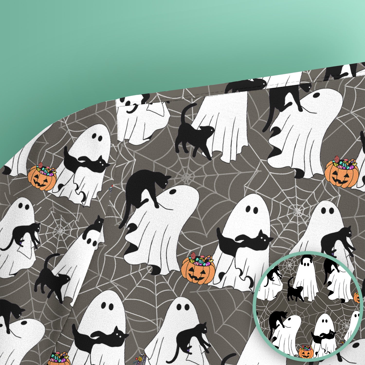 Black Cat and Ghost Print Scrub Top, Comfortable Scrubs for Nurses
