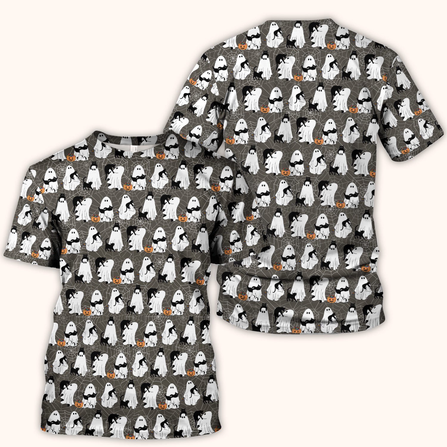 Black Cat and Ghost Print Scrub Top, Comfortable Scrubs for Nurses