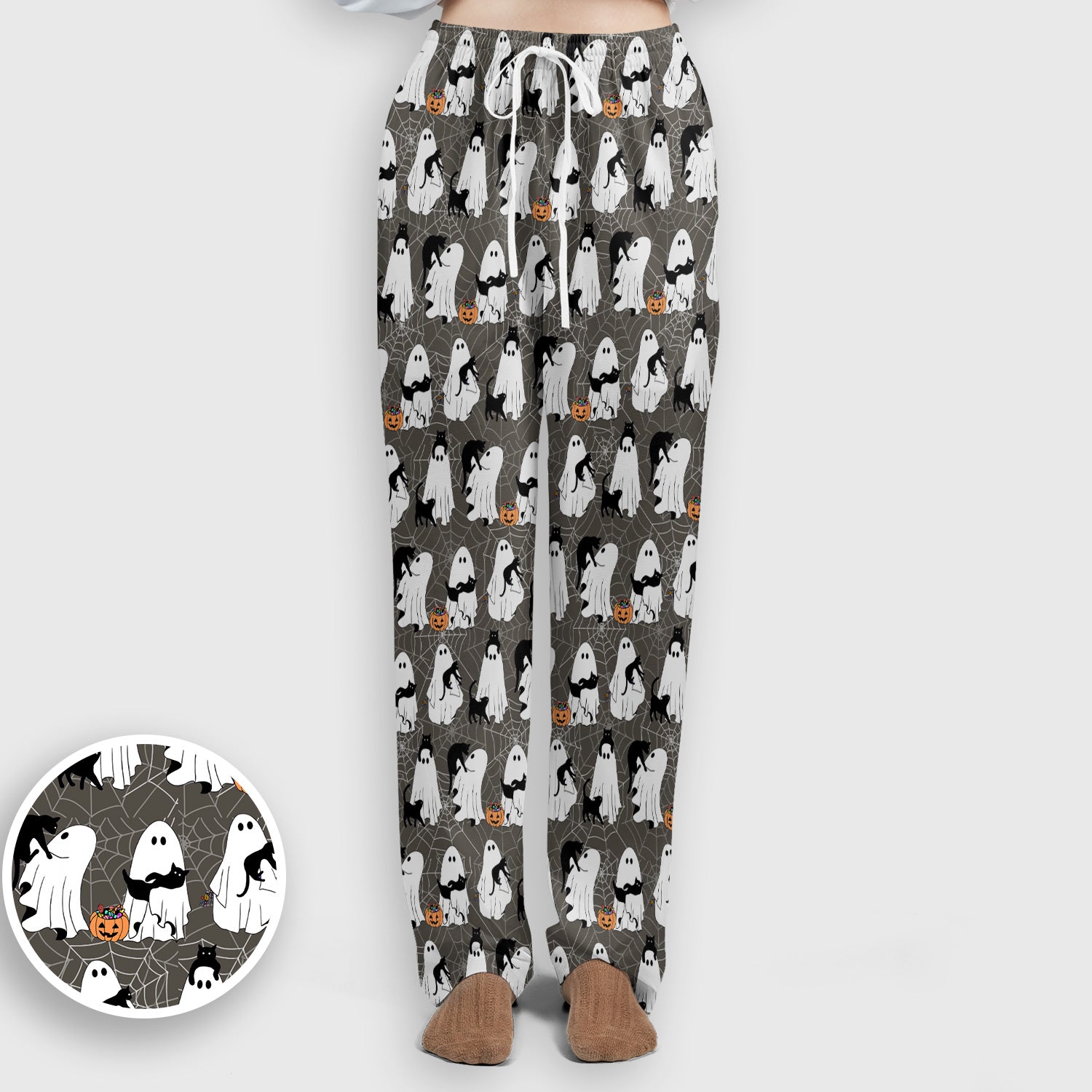 Black Cat and Ghost Print Scrub Set, Scrub Pants and V Neck Top