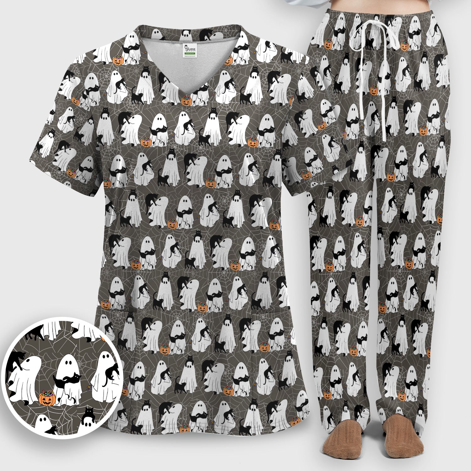 Black Cat and Ghost Print Scrub Set, Scrub Pants and V Neck Top