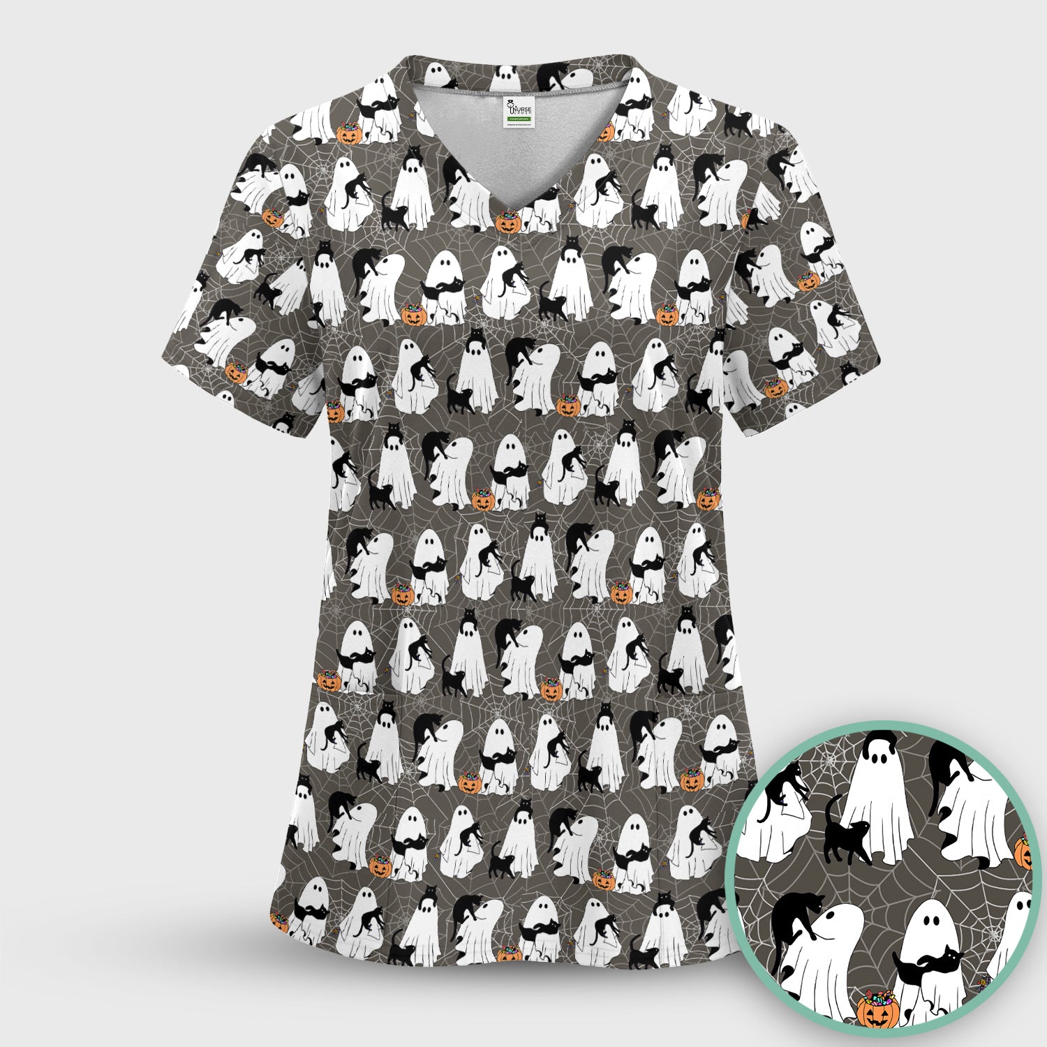 Black Cat and Ghost Print Scrub Top, Comfortable Scrubs for Nurses