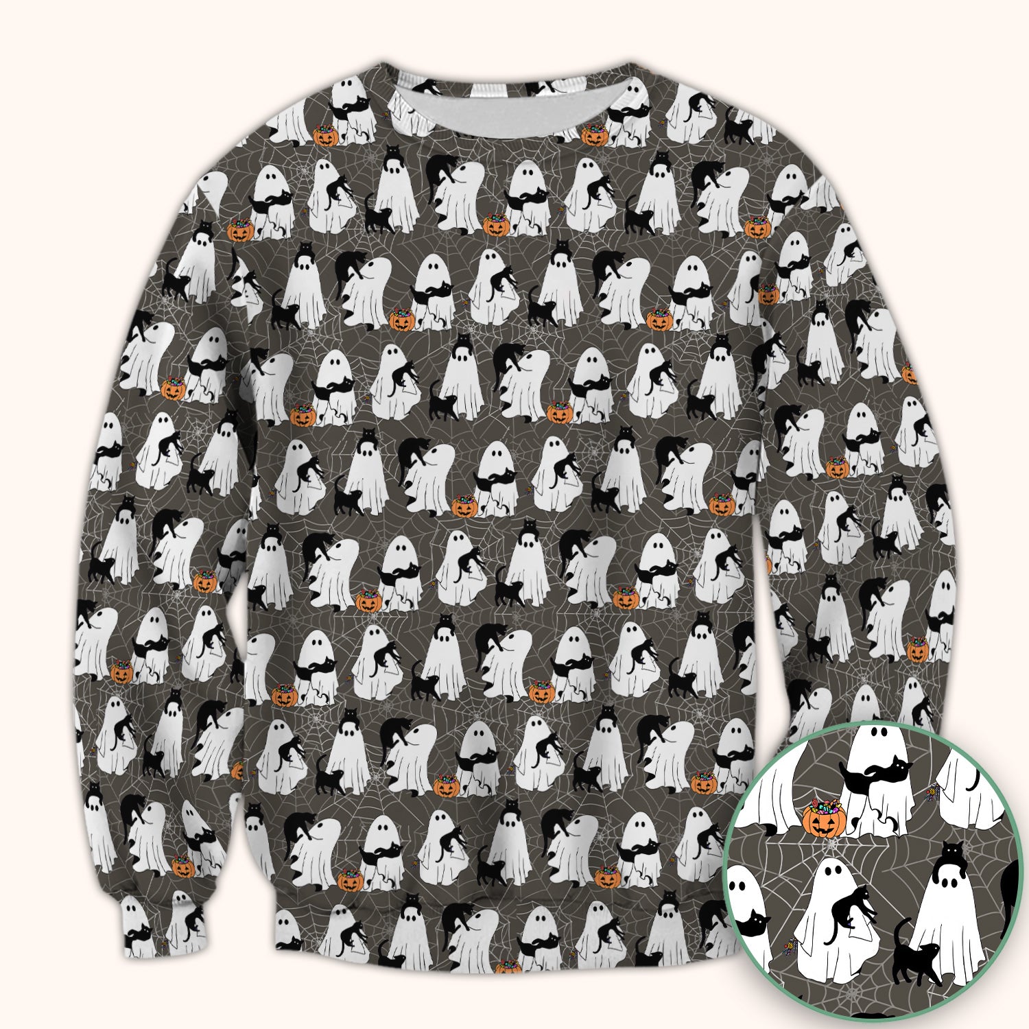 Black Cat and Ghost Print Scrub Top, Comfortable Scrubs for Nurses