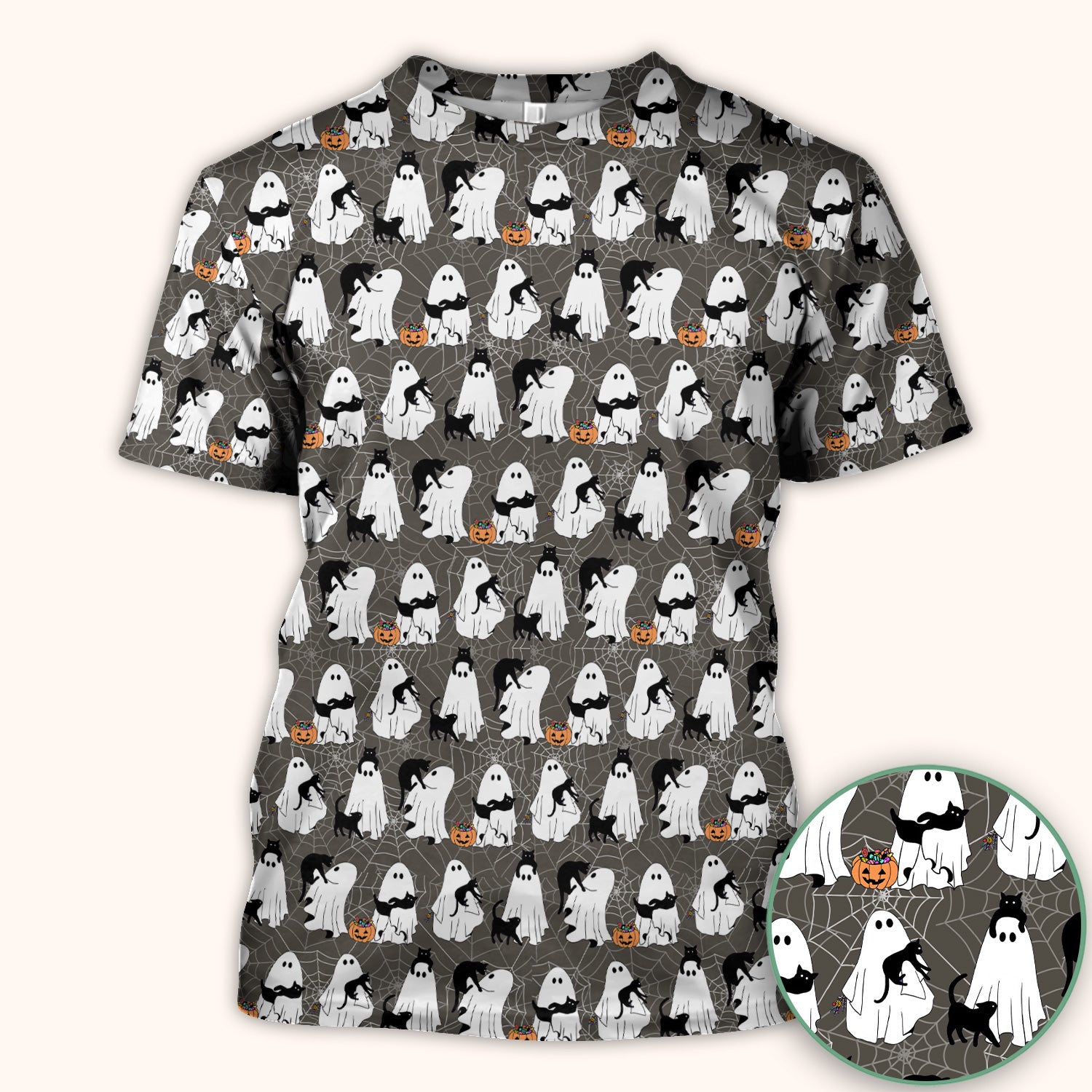 Black Cat and Ghost Print Scrub Top, Comfortable Scrubs for Nurses