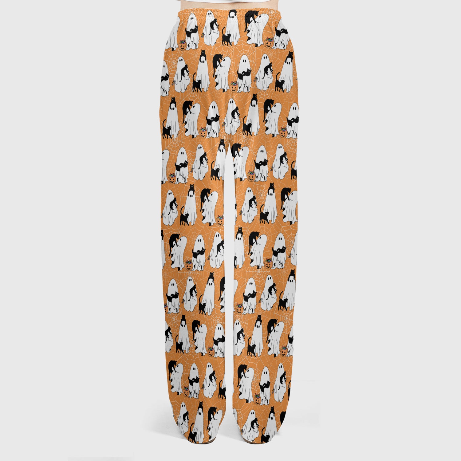 Black Cat and Ghost Print Scrub Set, Scrub Pants and V Neck Top