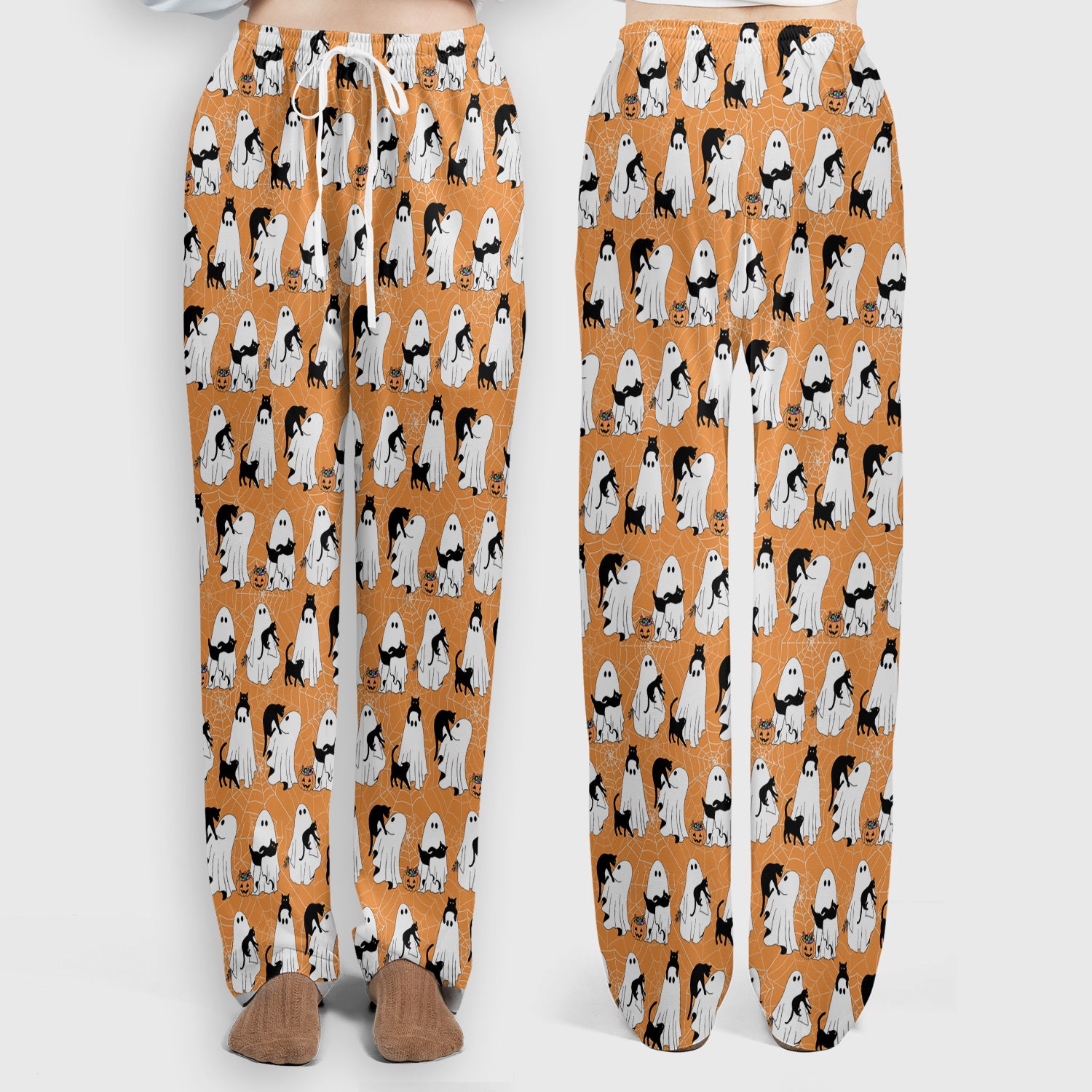 Black Cat and Ghost Print Scrub Set, Scrub Pants and V Neck Top
