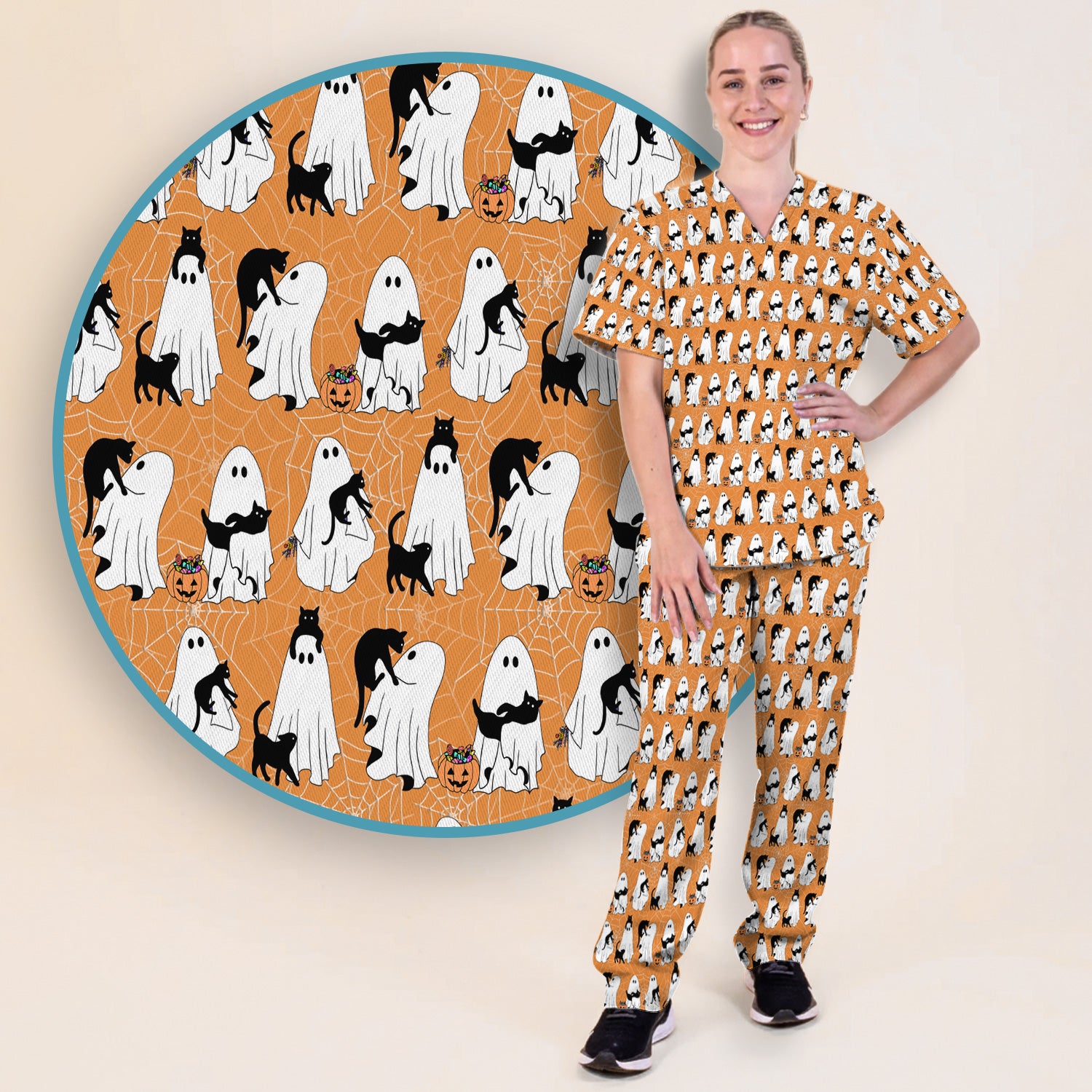 Black Cat and Ghost Print Scrub Set, Scrub Pants and V Neck Top