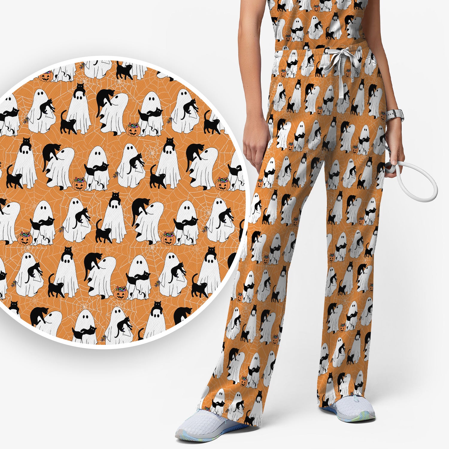 Black Cat and Ghost Print Scrub Set, Scrub Pants and V Neck Top