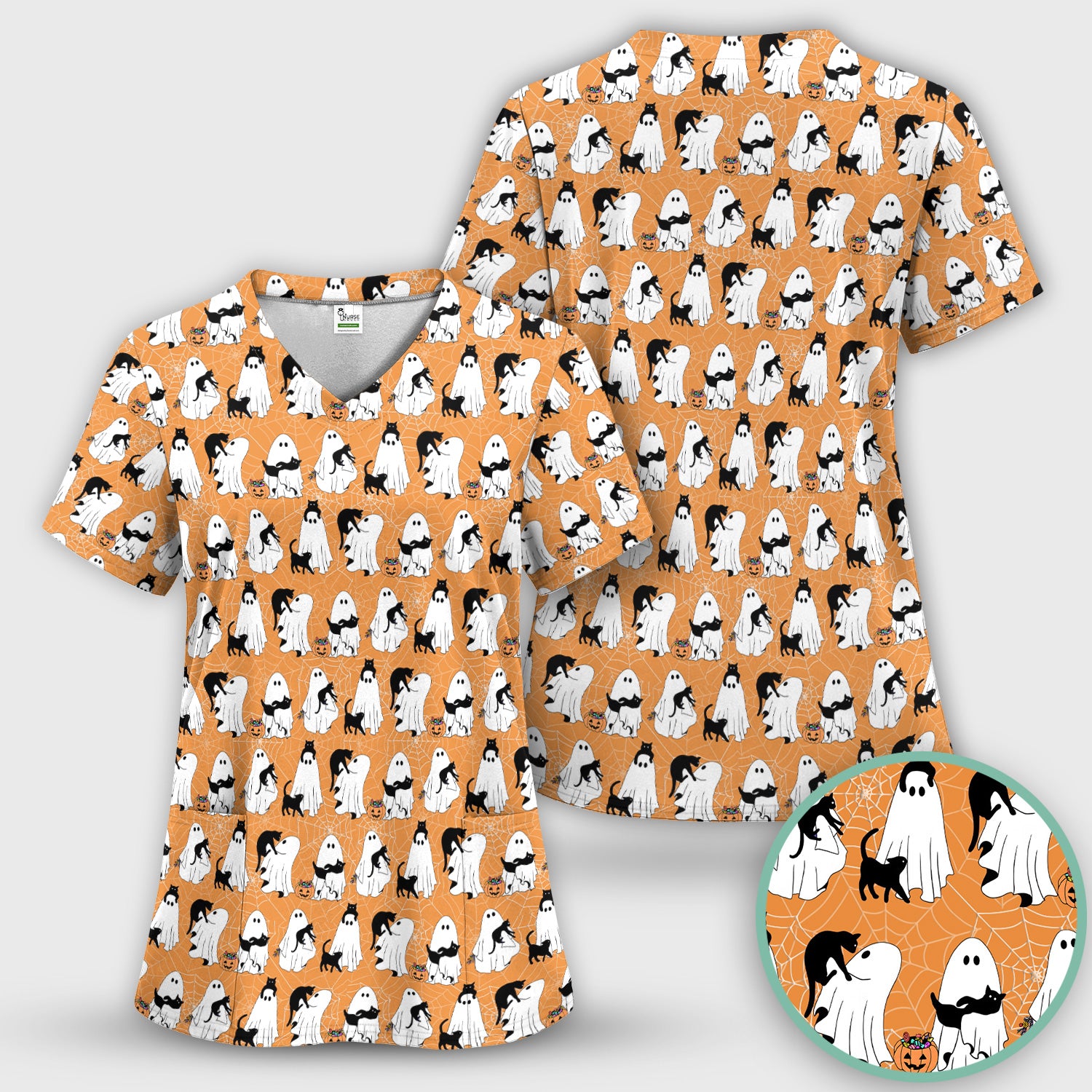 Black Cat and Ghost Print Scrub Top, Comfortable Scrubs for Nurses