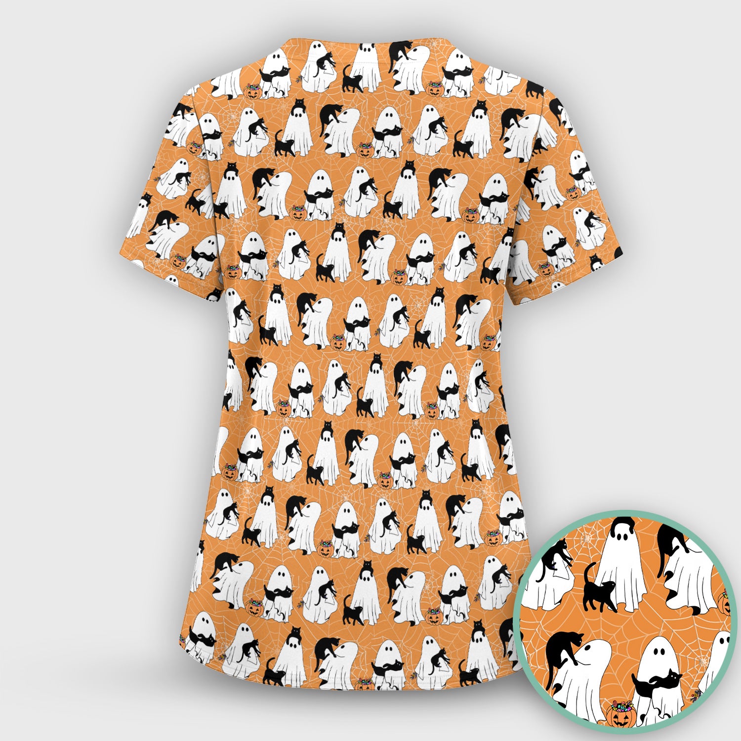 Black Cat and Ghost Print Scrub Top, Comfortable Scrubs for Nurses