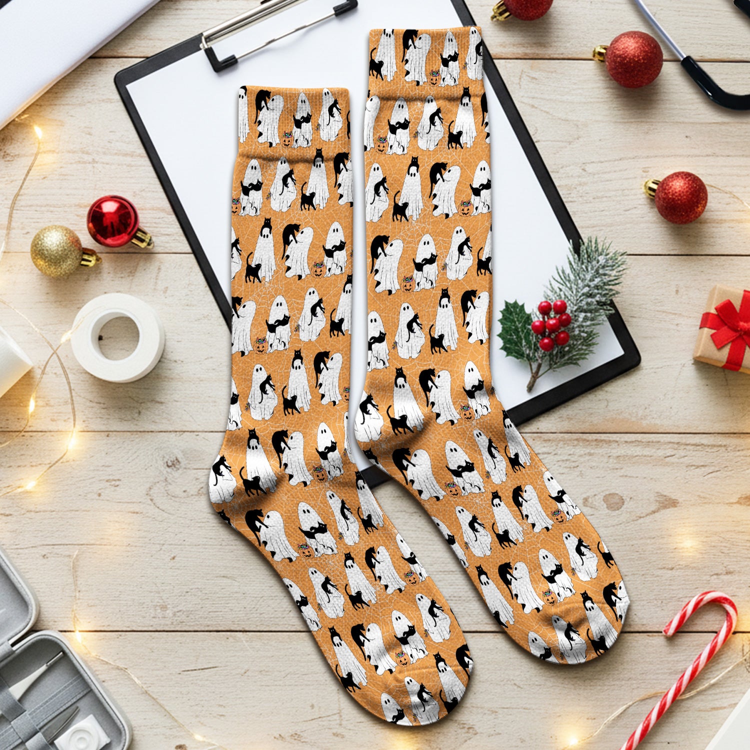 Black Cat and Ghost Print Socks, Adult Socks for Men and Women